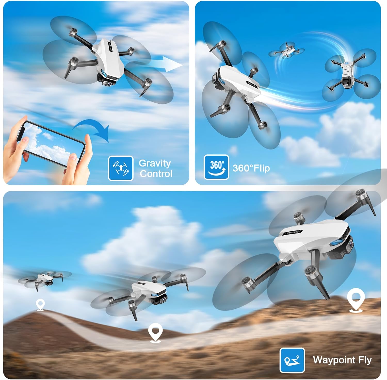 Dron con cámara, 2K FPV Drone con motor sin escobillas, retención de altitud, selfie gesto, despegue/aterrizaje con una tecla, giros 3D, vuelo de punto de referencia, 2 baterías, mini drones plegables