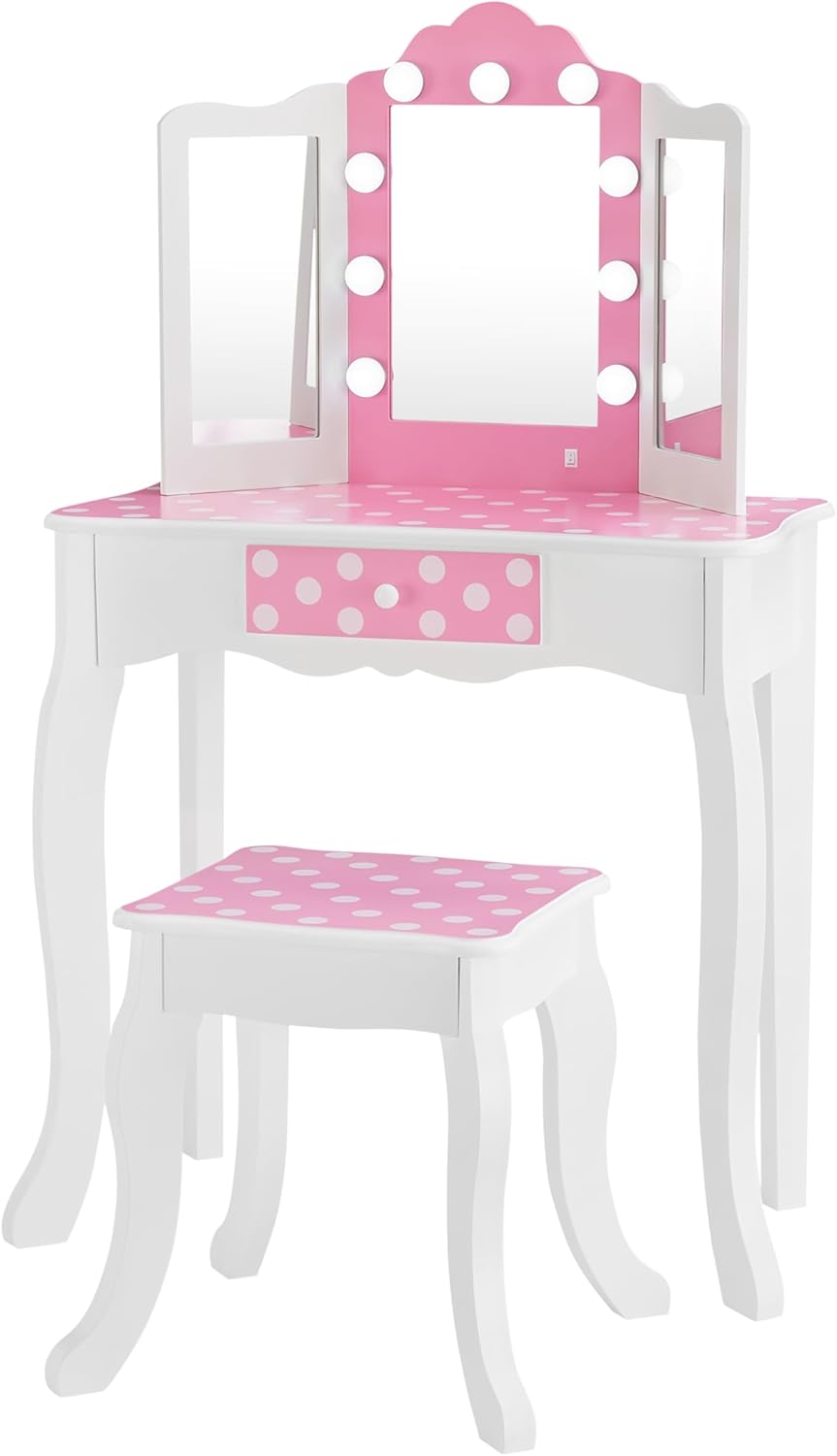 Teamson Kids Pretend Play Kids Vanity, Table & Chair Vanity Set with Mirror, Girls Makeup Dressing Table with Storage Drawer & Polka Dot Print, Gisele Collection, Pink/Gold
