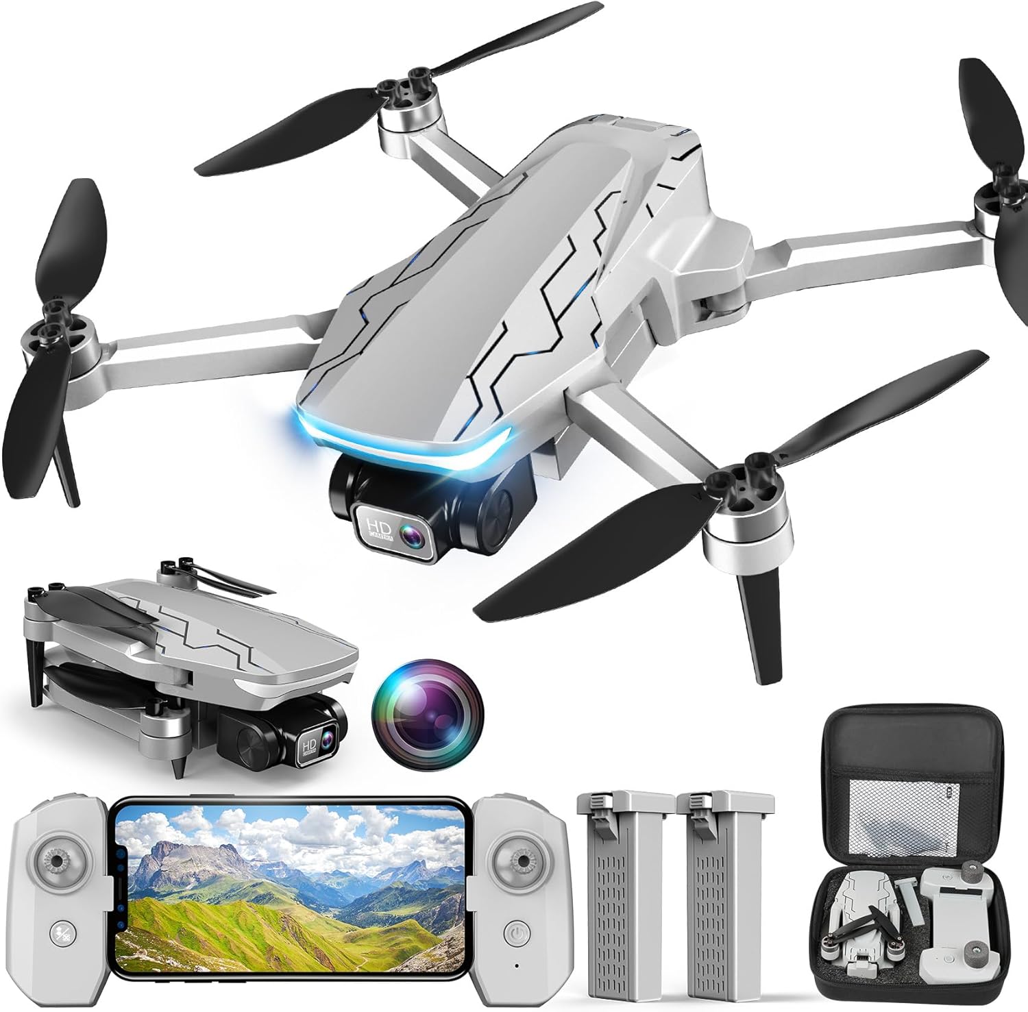 Dron con cámara, 2K HD FPV Drone con motor sin escobillas, 360 ° de labio, Waypoint Fly, Gesture Selfie, despegue y aterrizaje con una tecla, Mini Drone plegable para principiantes