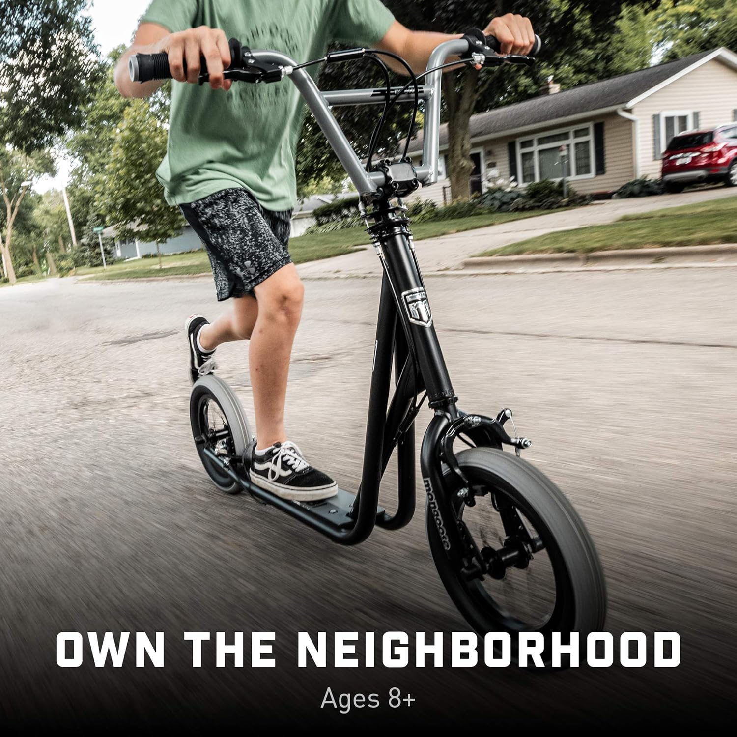 Mongoose Trace Air Non-Electric Scooter for Youth Boys Girls Age 8+ Year Old, Max Weight of 220 lbs., 12-Inch Air Tires, Non-Folding Design, Adjustable Height Stem, BMX-Style Handlebar, Wide Foot Deck