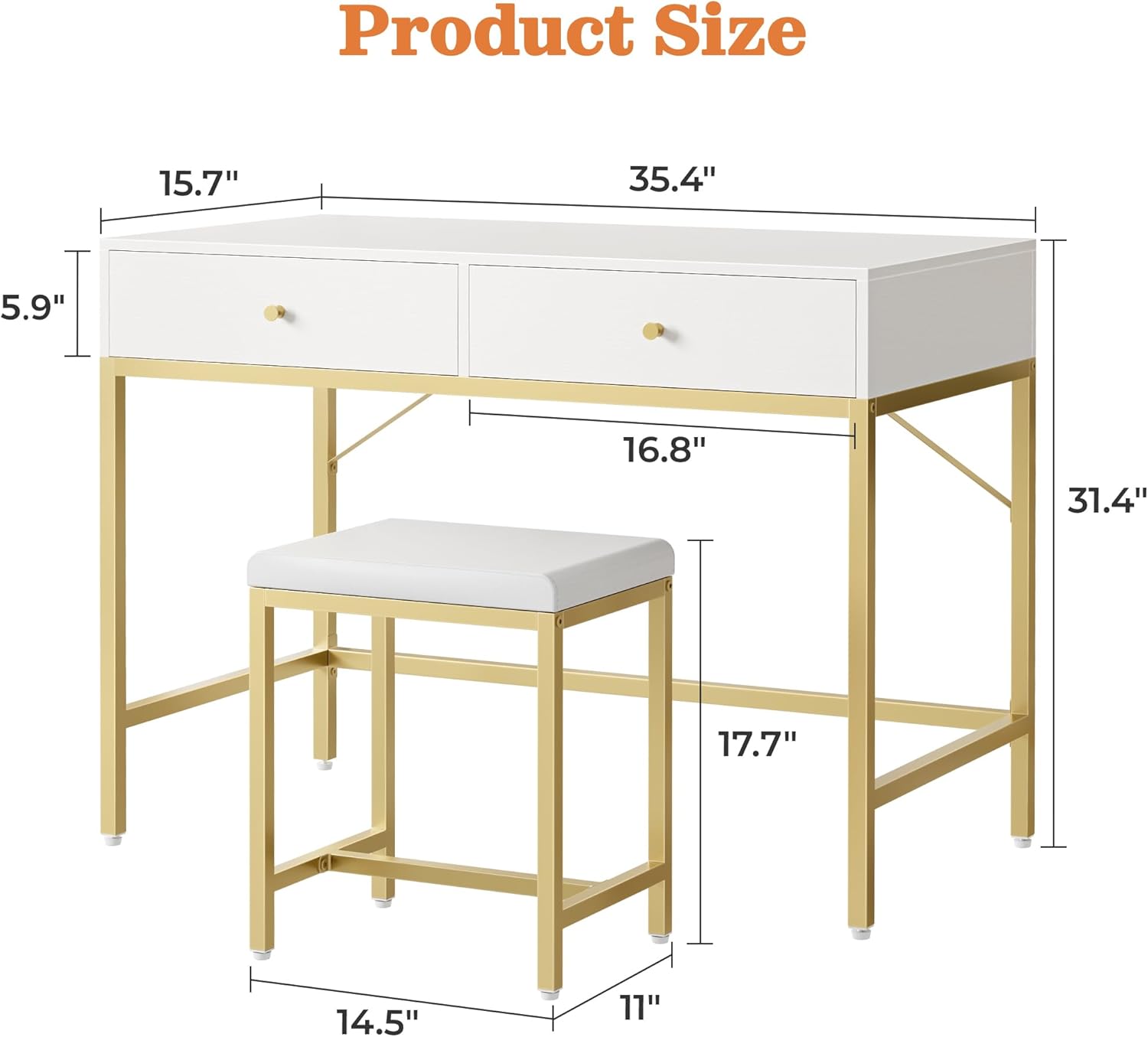 SUPERJARE 35.4 White and Gold Desk with 2 Drawers, Modern Makeup Vanity Desk with Padded Stool, Small Computer Desk Home Office Desk for Writing Study Bedroom