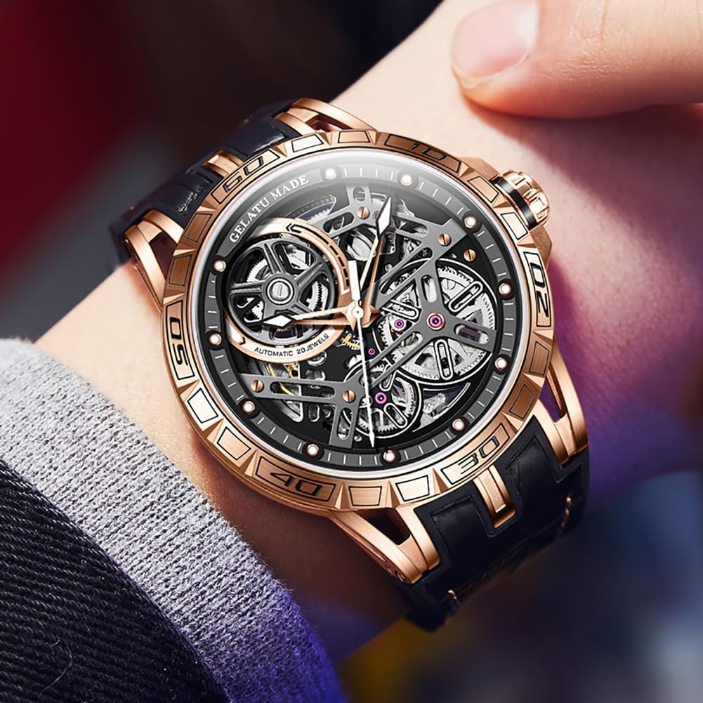 OUPINKE Skeleton Mens Watches Automatic Mechanical Luxury Watch Sapphire Crystal Leather Band Waterproof Luminous Wristwatch