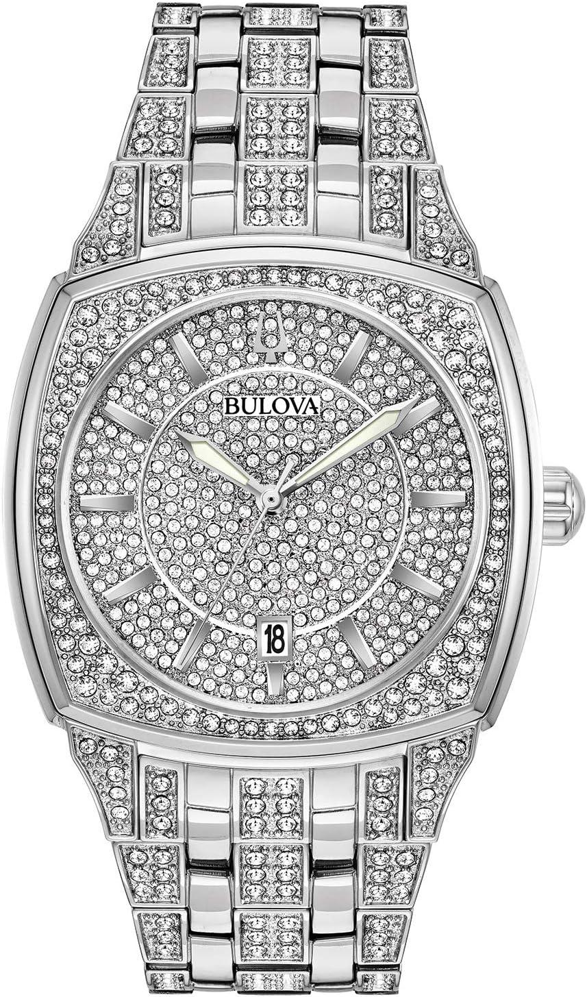 Bulova Men's Crystal Phantom 3-Hand Date Quartz Cushion Shaped Case Watch, Pave Crystal Dial, 40mm