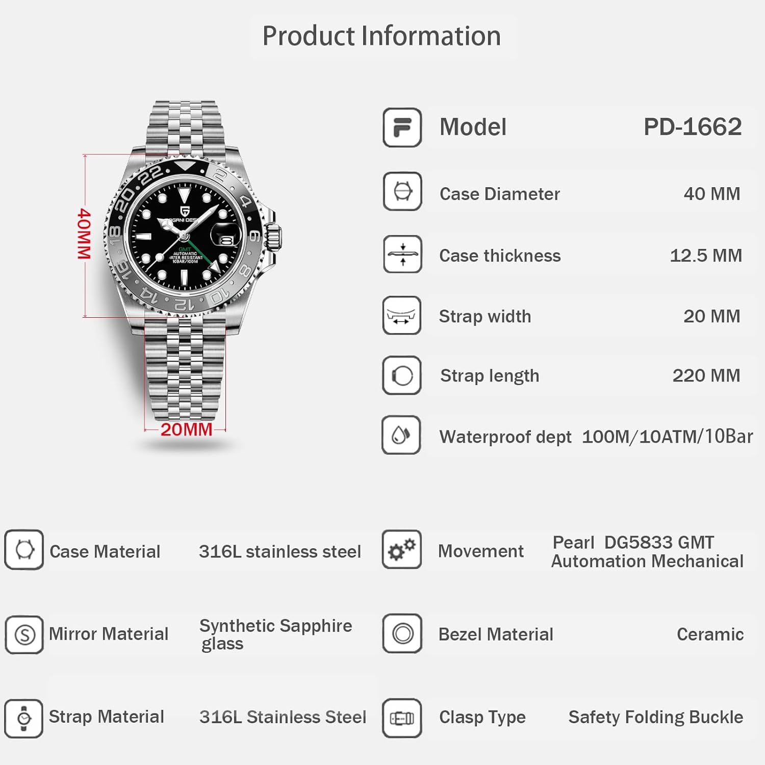 Men Watch Pagani Design GMT Watches for Men Automatic 40MM Date 100M Waterproof Stainless Steel Sapphire Glass Mechanical Wristwatches PD-1662