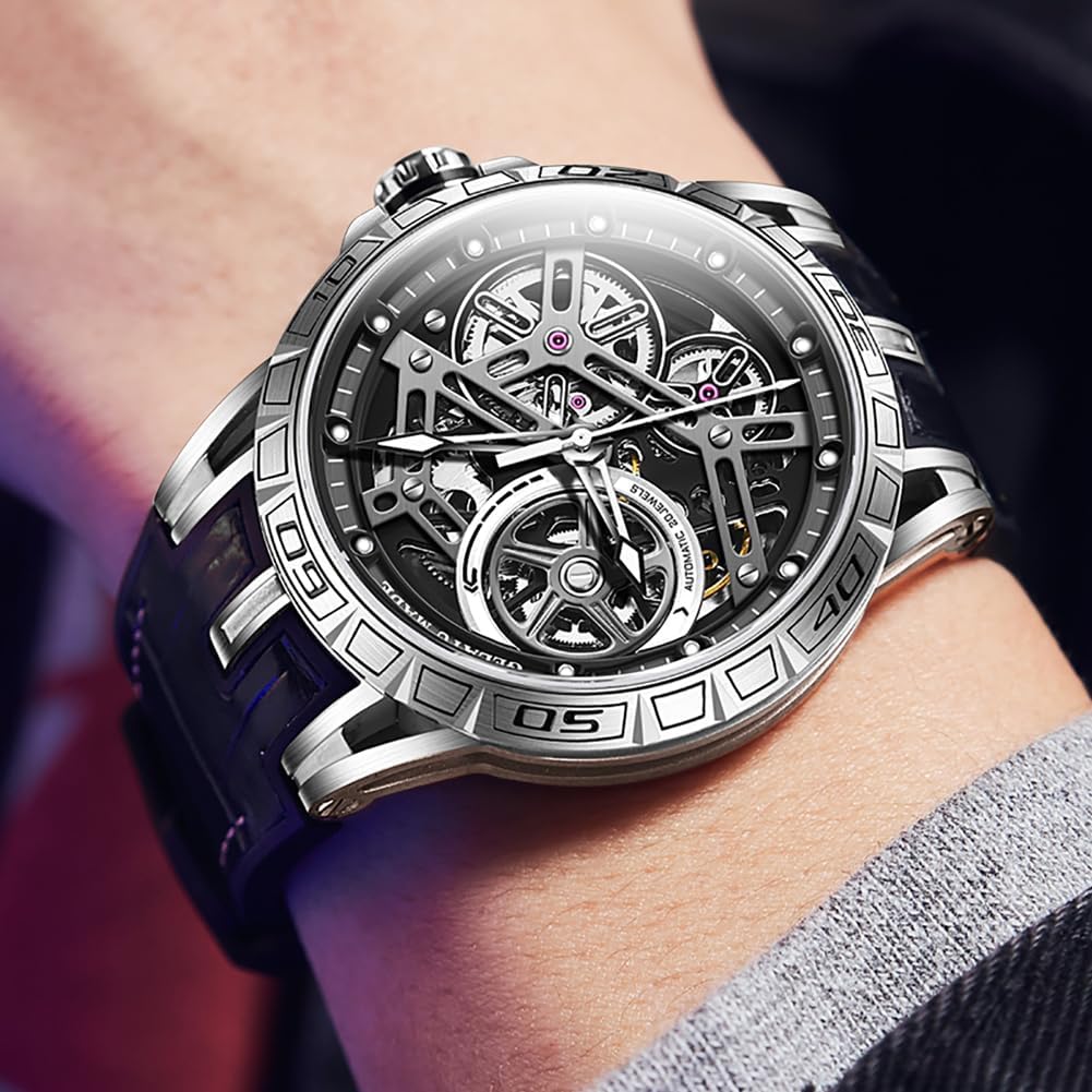 OUPINKE Skeleton Mens Watches Automatic Mechanical Luxury Watch Sapphire Crystal Leather Band Waterproof Luminous Wristwatch