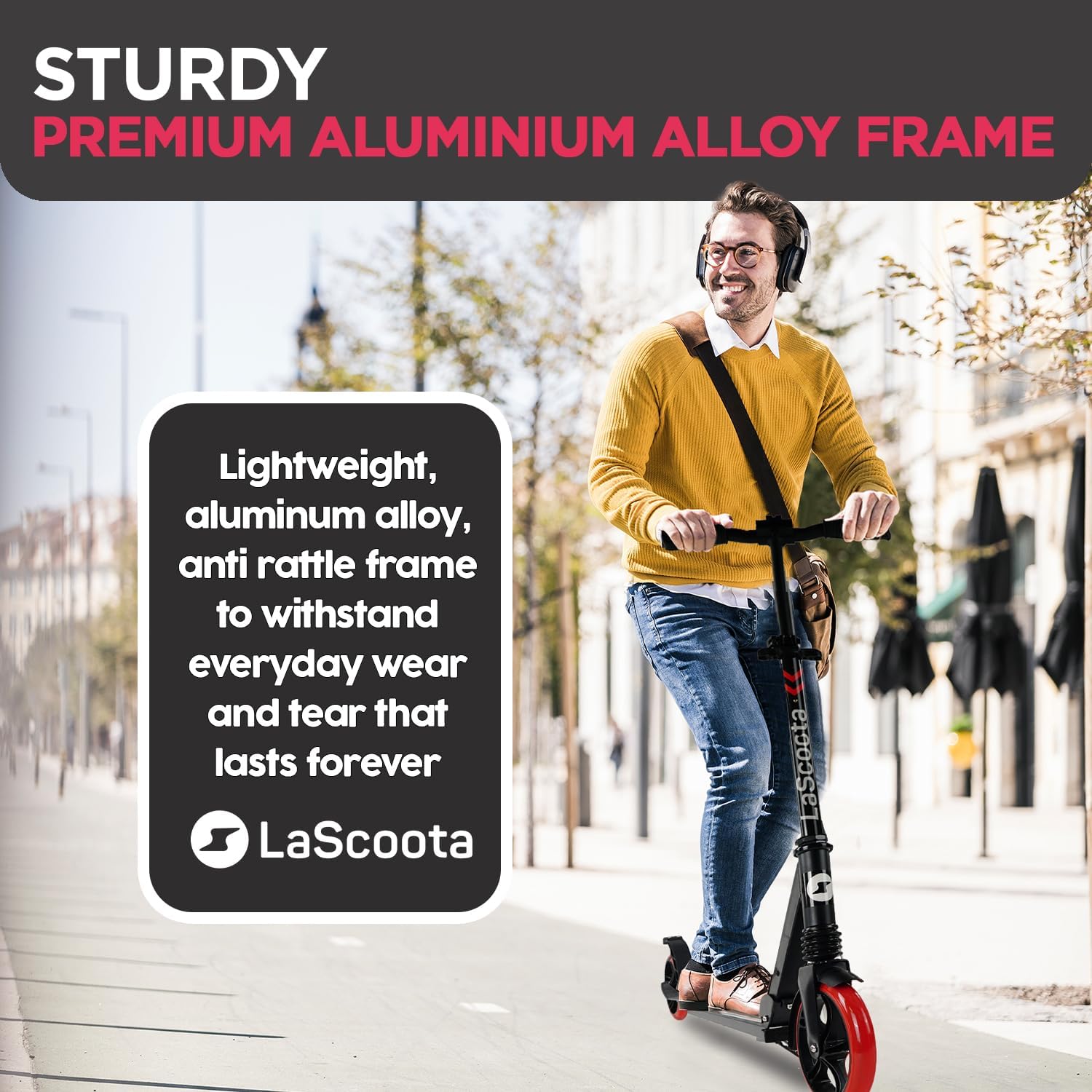 LaScoota Kick Scooter for Kids Ages 6+, Teens & Adults, Large 8 Sturdy Urethane Wheels. Adjustable Handlebar, Lightweight, Foldable, 220lbs Max Load