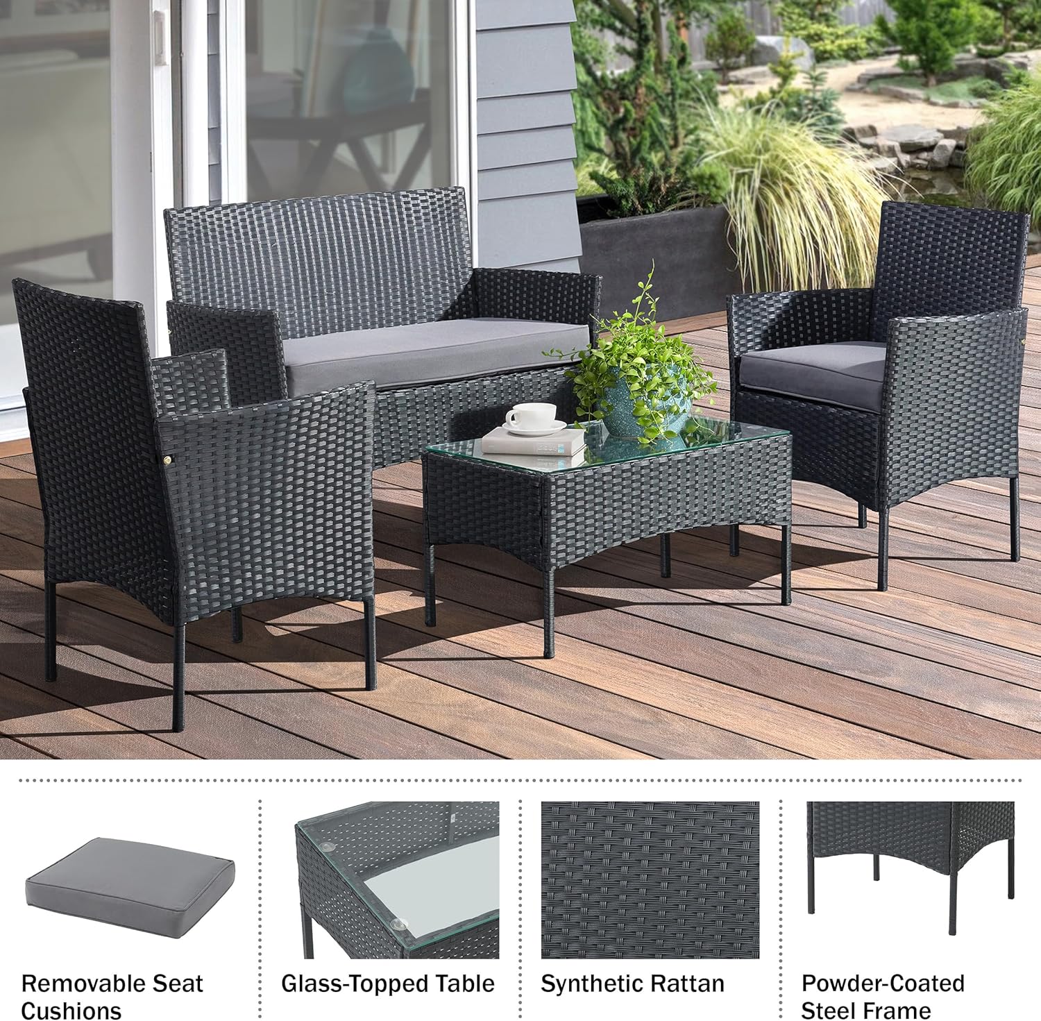 Lavish Home 4-Piece Patio Furniture Set - Rattan Outdoor Couch, 2 Patio Chairs, and Table Combo - Cushioned Deck, Pool, or Porch Furniture (Black)