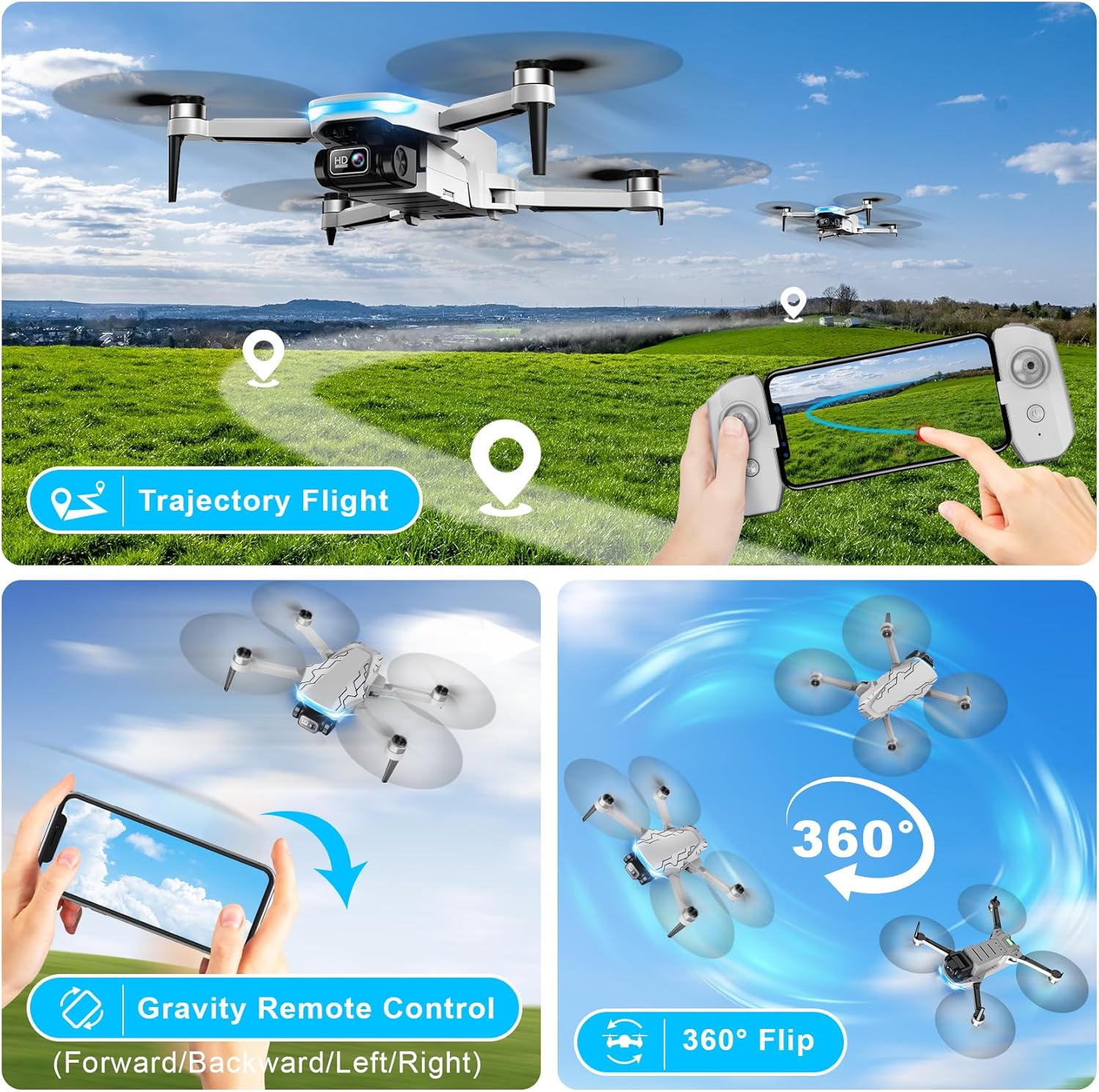 Dron con cámara, 2K HD FPV Drone con motor sin escobillas, 360 ° de labio, Waypoint Fly, Gesture Selfie, despegue y aterrizaje con una tecla, Mini Drone plegable para principiantes