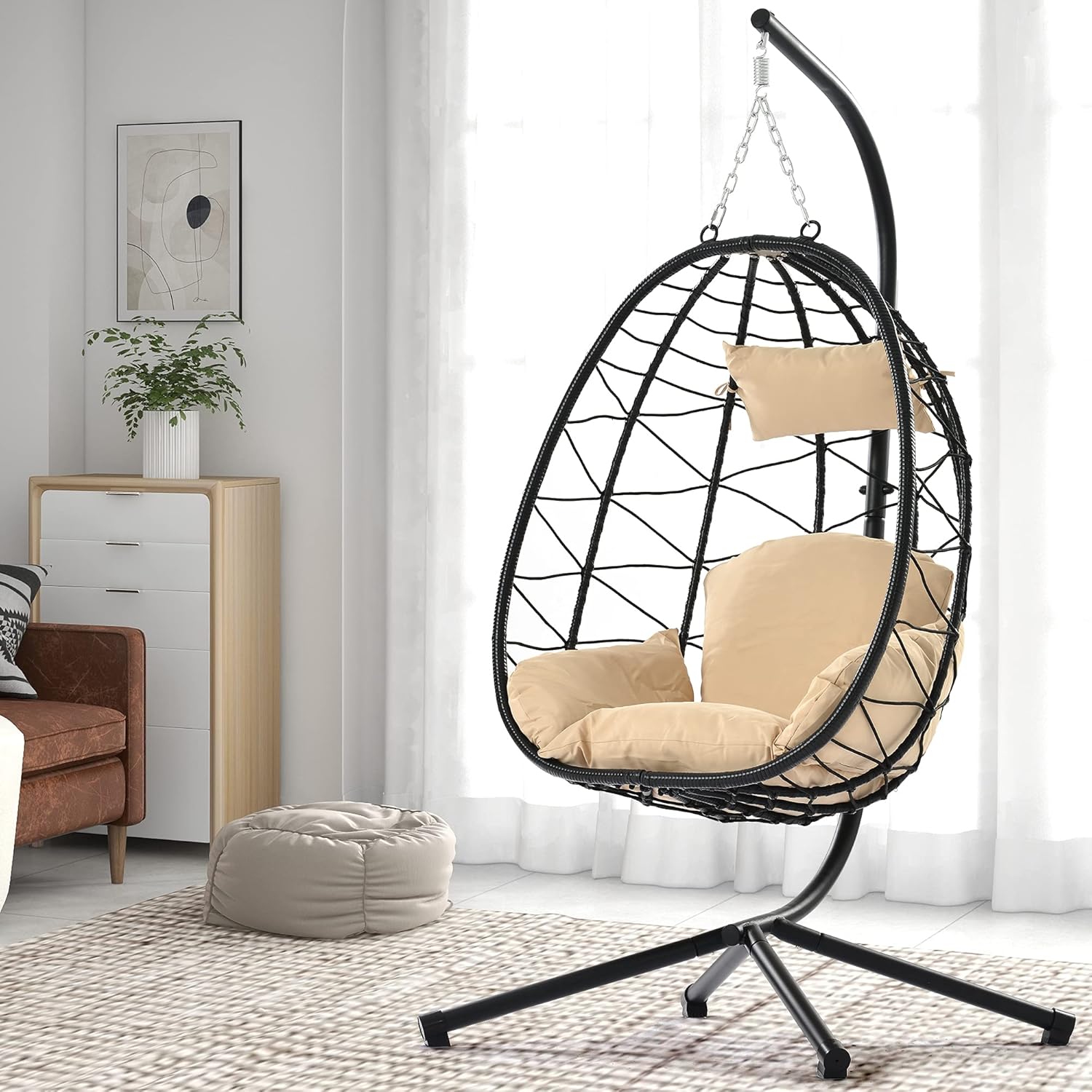 Egg Chair with Stand Indoor Outdoor Swing Chair Patio Wicker Hanging Egg Chair Hanging Basket Chair Hammock Chair with Stand for Bedroom Living Room Balcony (Beige)