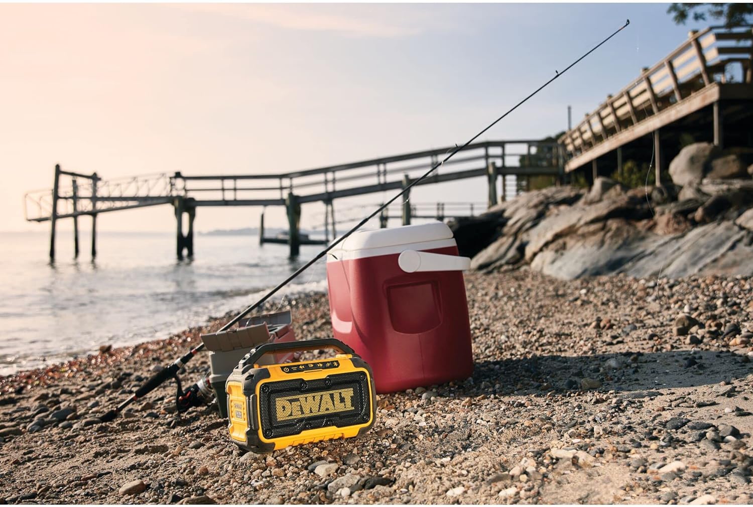 DEWALT 20V MAX Bluetooth Speaker, 100 ft Range, Durable for Jobsites, Phone Holder Included, Lasts 8-10 Hours with Single Charge (DCR010)