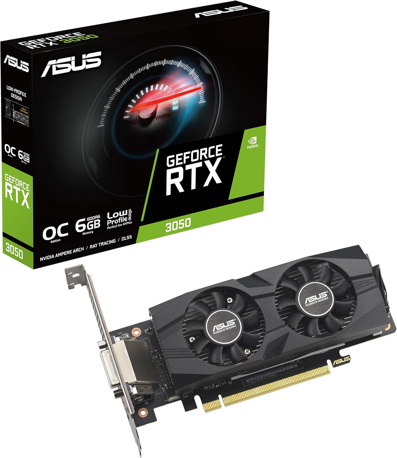 ASUS Dual NVIDIA GeForce RTX 3050 6GB OC Edition Gaming Graphics Card - PCIe 4.0, 6GB GDDR6 Memory, HDMI 2.1, DisplayPort 1.4a, 2-Slot Design, Axial-tech Fan Design, 0dB Technology, Steel Bracket