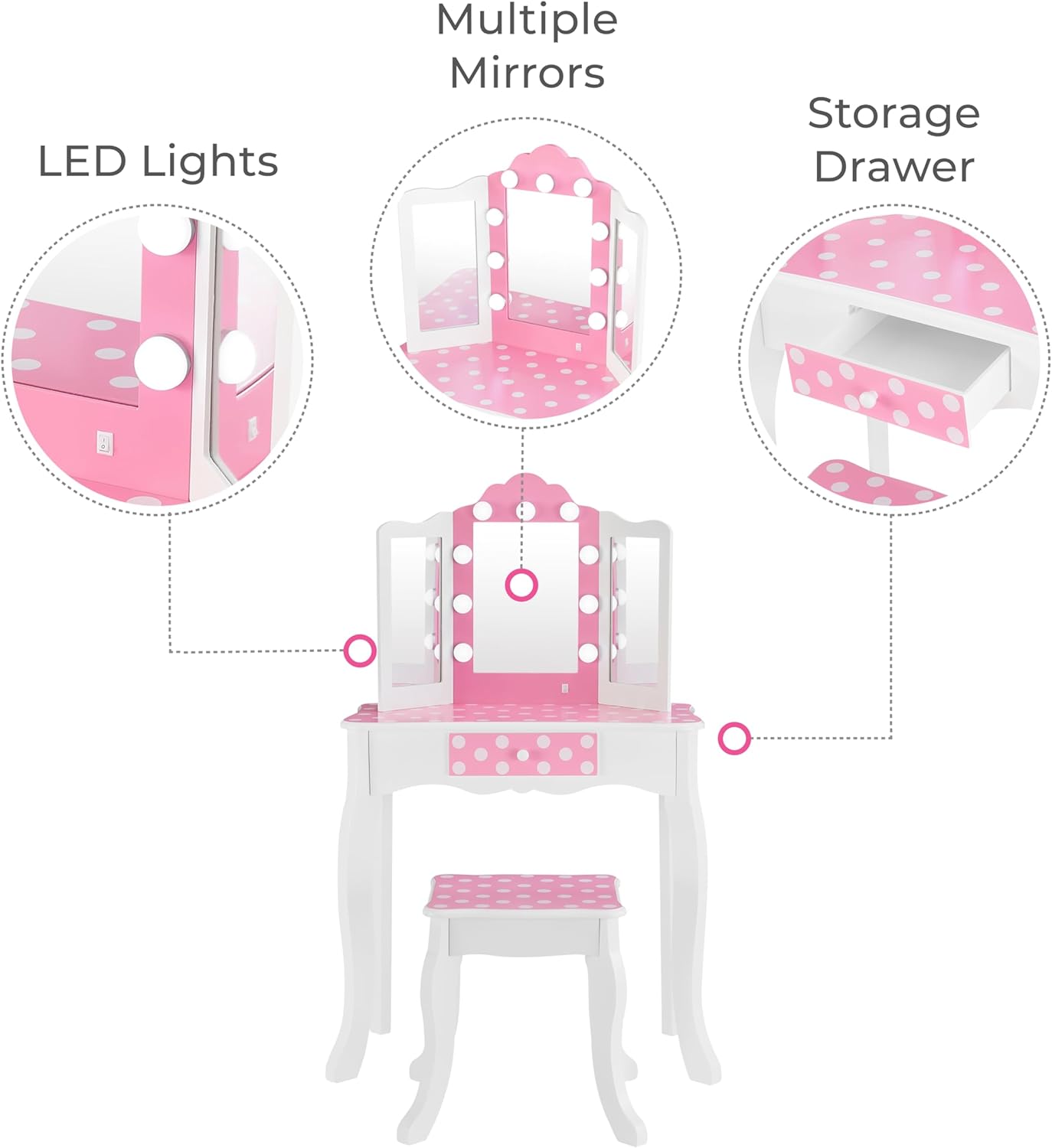 Teamson Kids Pretend Play Kids Vanity, Table & Chair Vanity Set with Mirror, Girls Makeup Dressing Table with Storage Drawer & Polka Dot Print, Gisele Collection, Pink/Gold