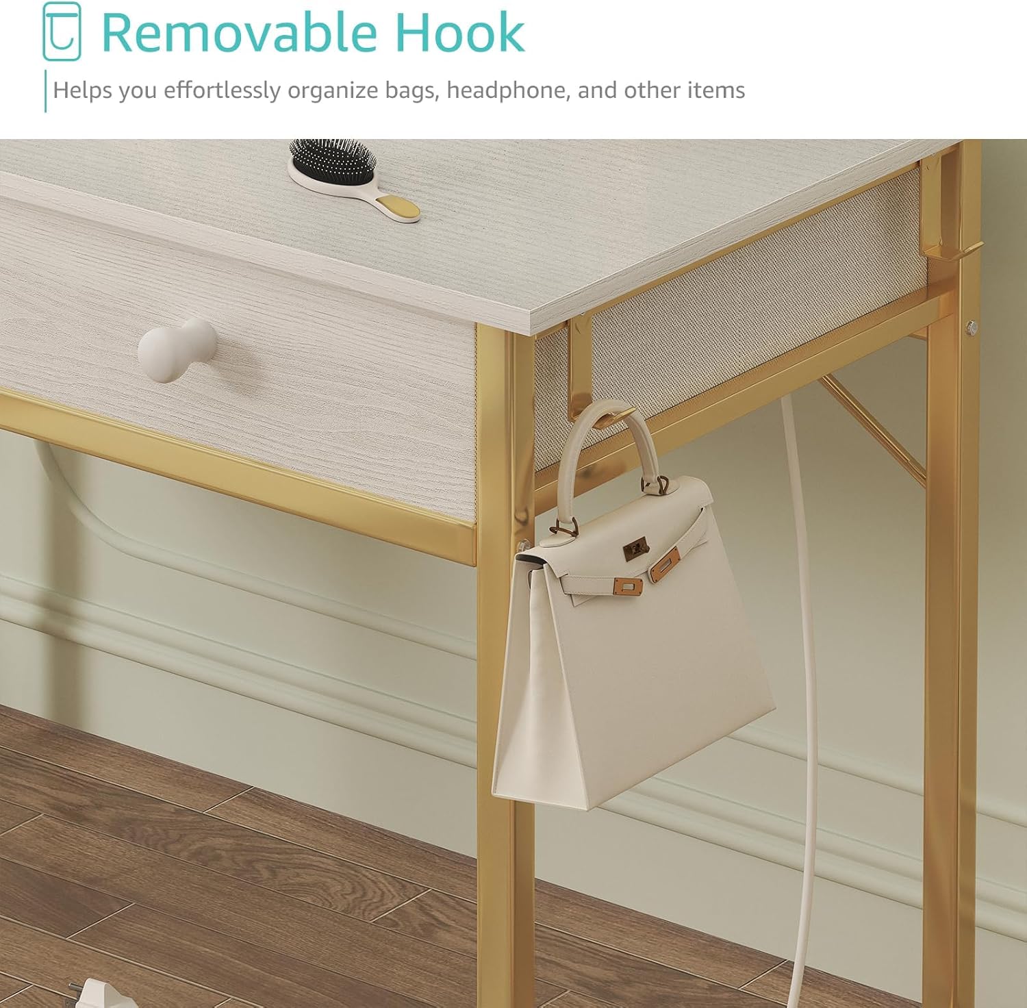 KAI-ROAD White and Gold Makeup Vanity Desk with Chair no Mirror, Small Vanity Table with Drawers, Power Outlet & Stool Without Mirror, Modern Make Up Desk Set for Bedroom