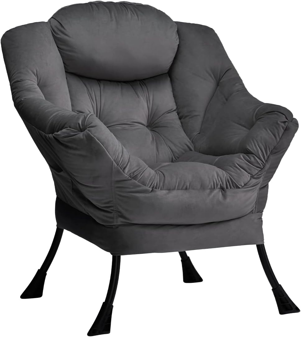 HollyHOME Modern Fabric Large Lazy Chair, Accent Oversized Comfy Reading Chair, Thick Padded Cozy Lounge Chair with Armrest, Single Steel Frame Leisure Sofa Chair for Living Room, Bedroom, Dorm, Grey