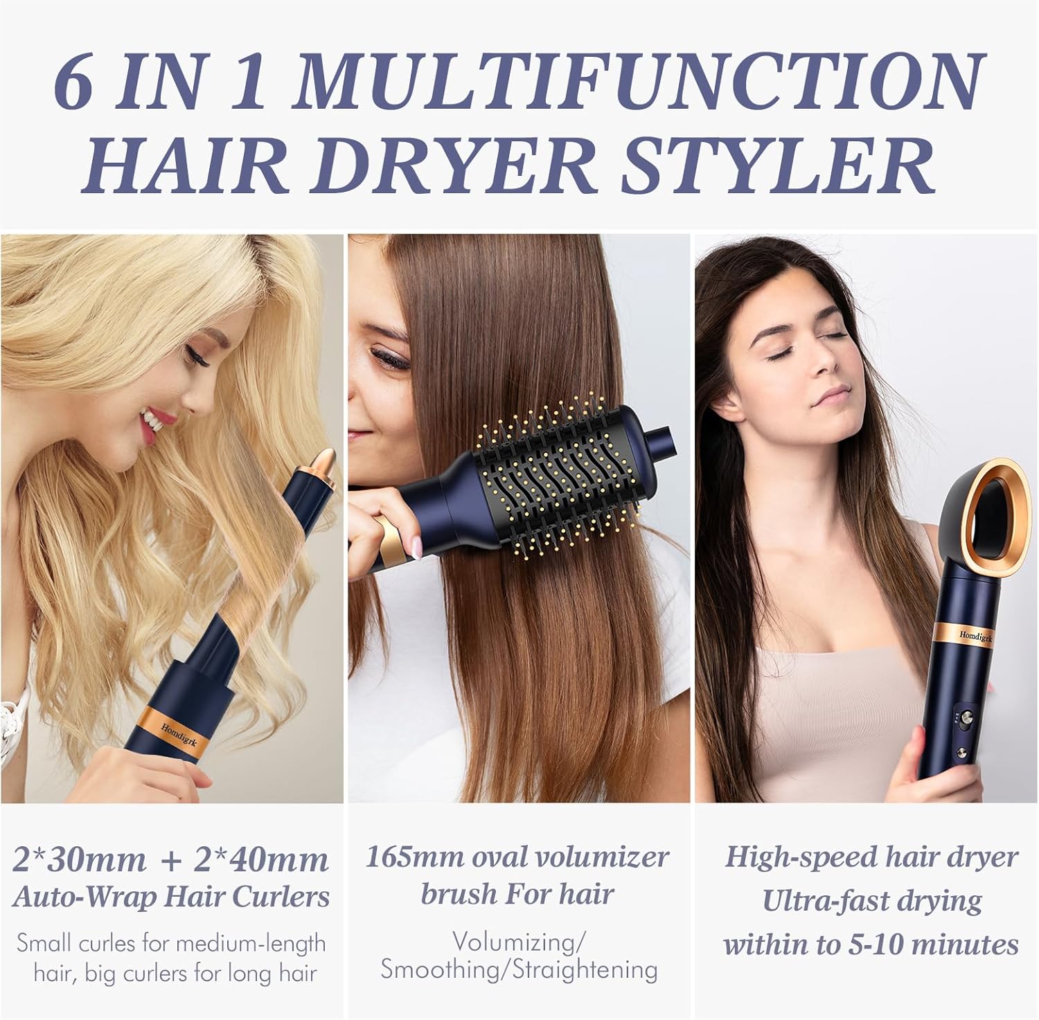 Homdigrk 6 in 1 Professional Hot Air Styler, Ionic Hair Dryer&Curling Iron Set, Combines Drying, Smoothing, Curling, and Volumizing in one, Including Travel Storage Case - Prussian Blue