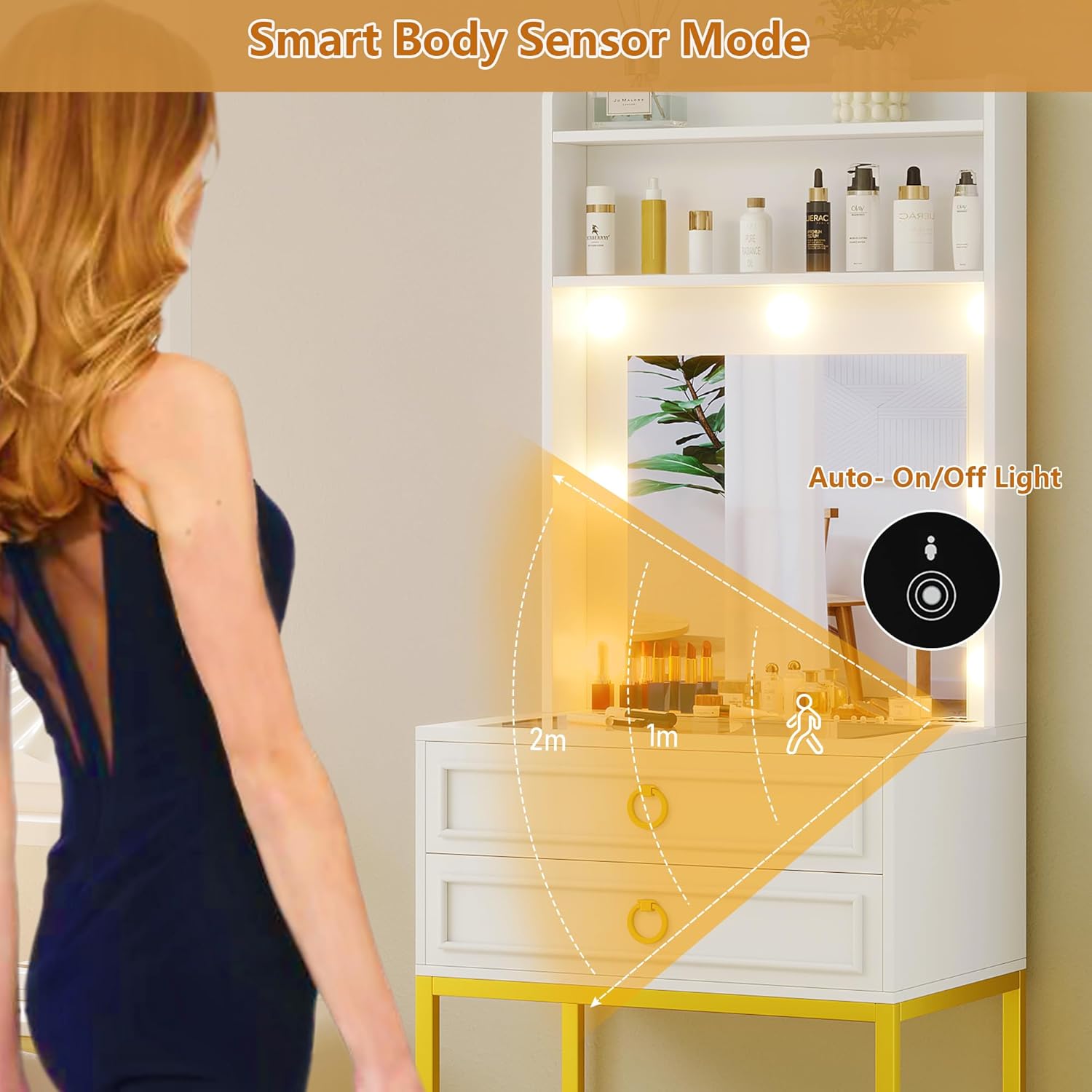 LVSOMT Small Makeup Vanity with Glass Top, White Vanity Desk with Lighted Mirror and Lights, Mini Makeup Table with Motion Sensor, Corner Dressing Table for Bedroom, Apartment