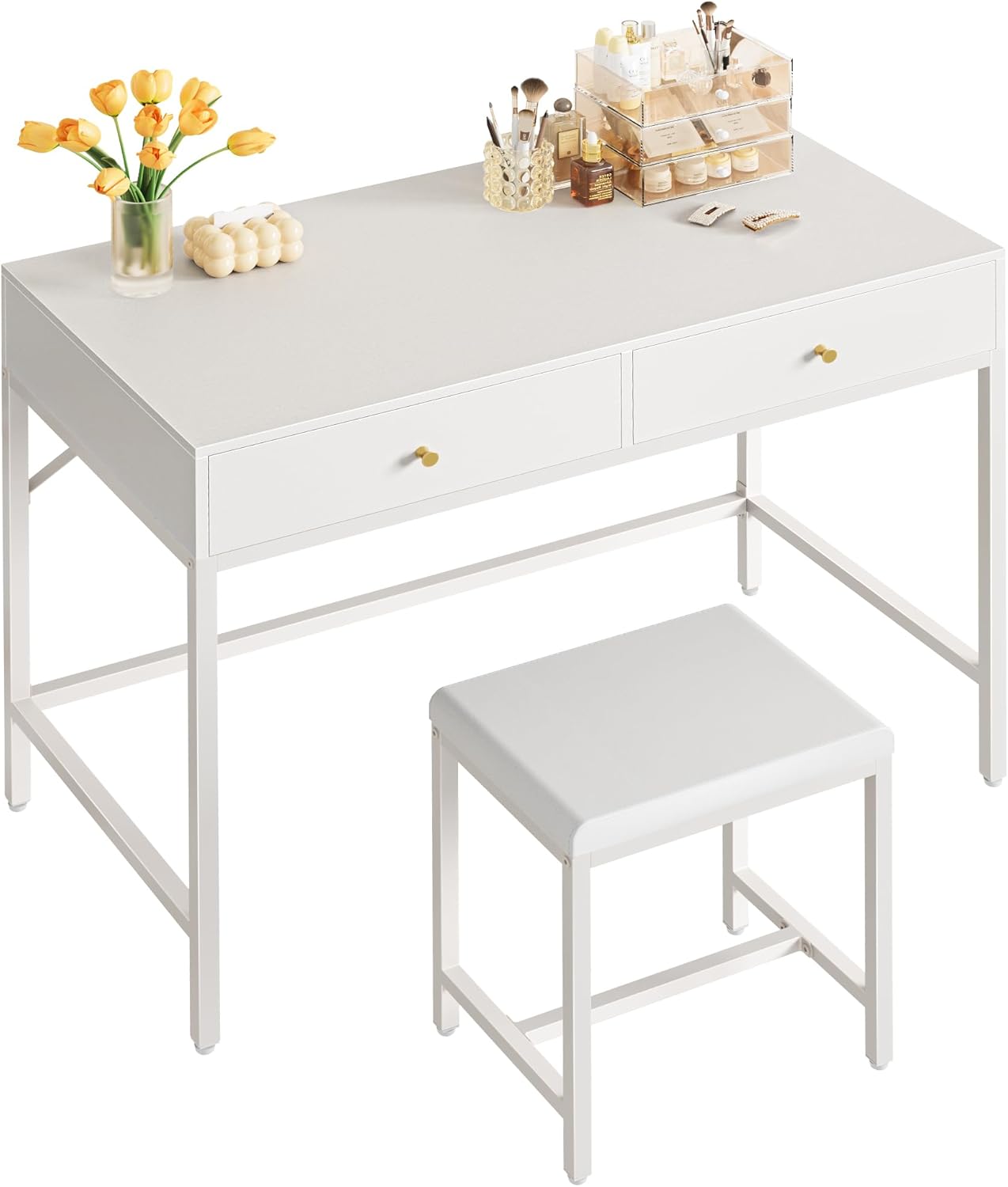 SUPERJARE 35.4 White and Gold Desk with 2 Drawers, Modern Makeup Vanity Desk with Padded Stool, Small Computer Desk Home Office Desk for Writing Study Bedroom