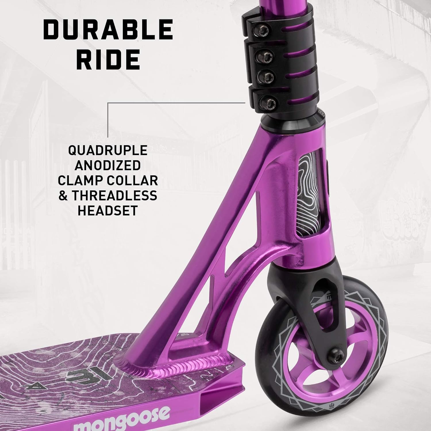 Mongoose Rise Freestyle Stunt Trick Scooter, For Kids Youth Adult Men Women Ages 8 Up, Lightweight Alloy Deck & Heavy-Duty Frame Up to 220 lbs., Bike-Style Grip, T-Bar Handlebar and High Impact Wheels