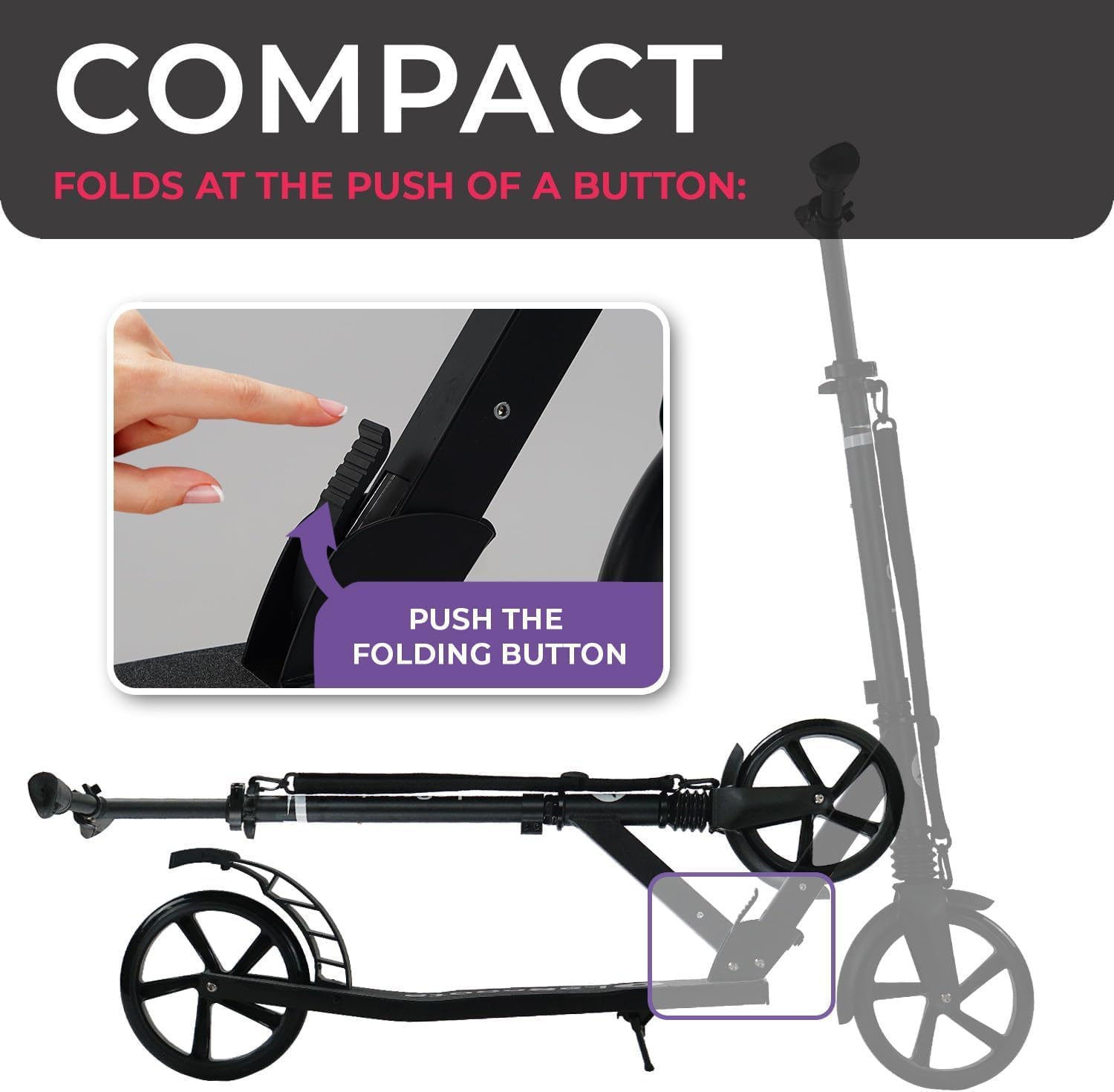 LaScoota Kick Scooter for Kids Ages 6+, Teens & Adults, Large 8 Sturdy Urethane Wheels. Adjustable Handlebar, Lightweight, Foldable, 220lbs Max Load