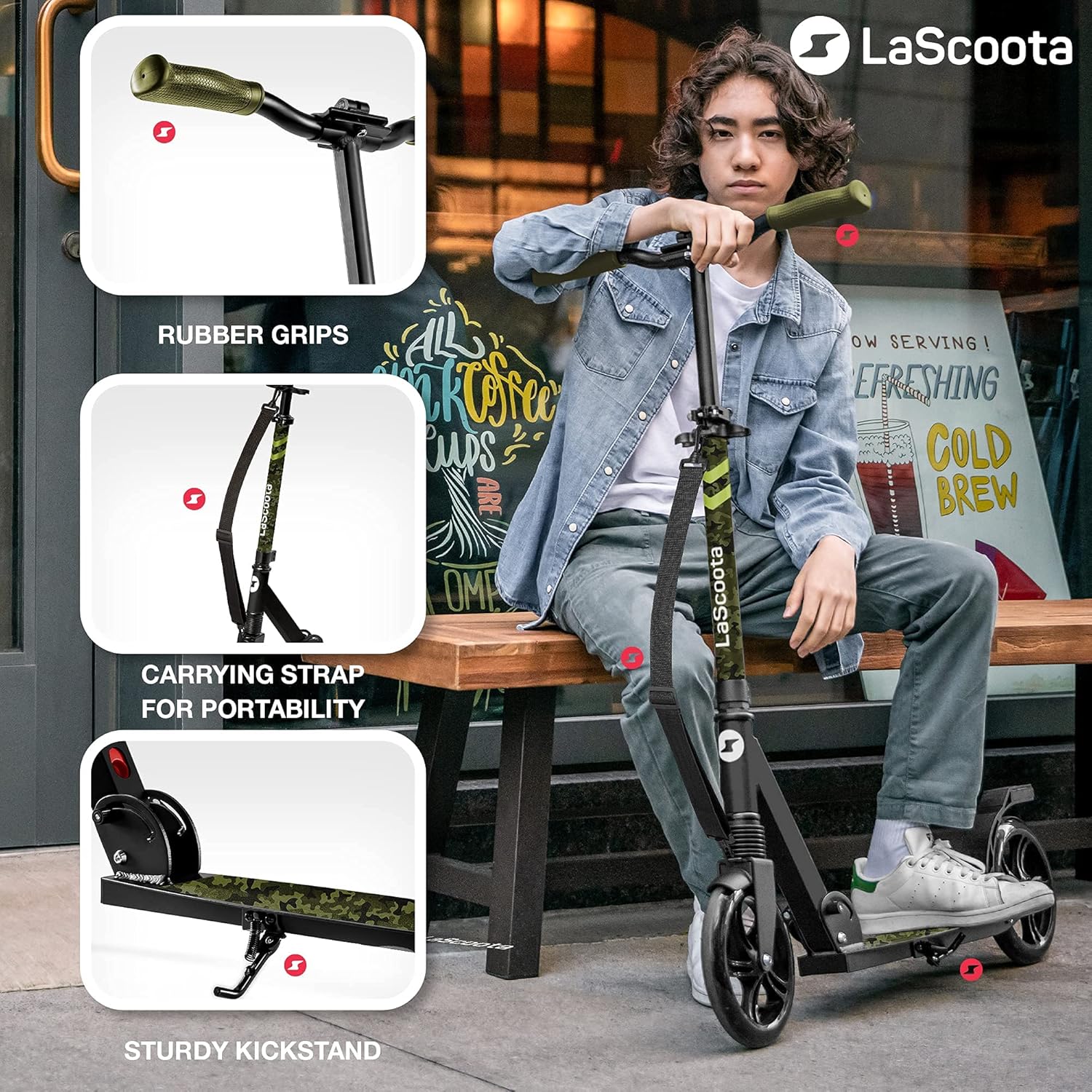 LaScoota Kick Scooter for Kids Ages 6+, Teens & Adults, Large 8 Sturdy Urethane Wheels. Adjustable Handlebar, Lightweight, Foldable, 220lbs Max Load