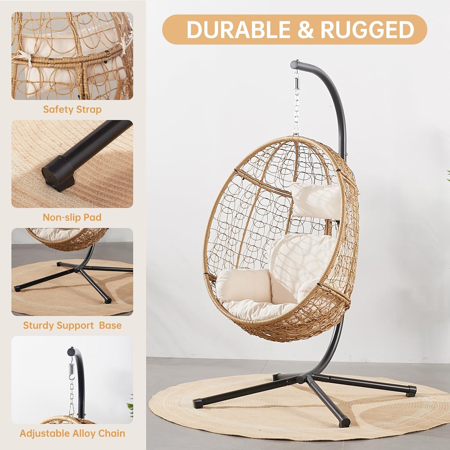 VARVIND Wicker Patio Hammock Swing Chair with Stand & Leg Rest for Indoor Outdoor, Hanging Egg Chair with UV Resistant Detachable Seat Cushion for Balcony, Bedroom, Garden,350Lbs Capacity(Beige)