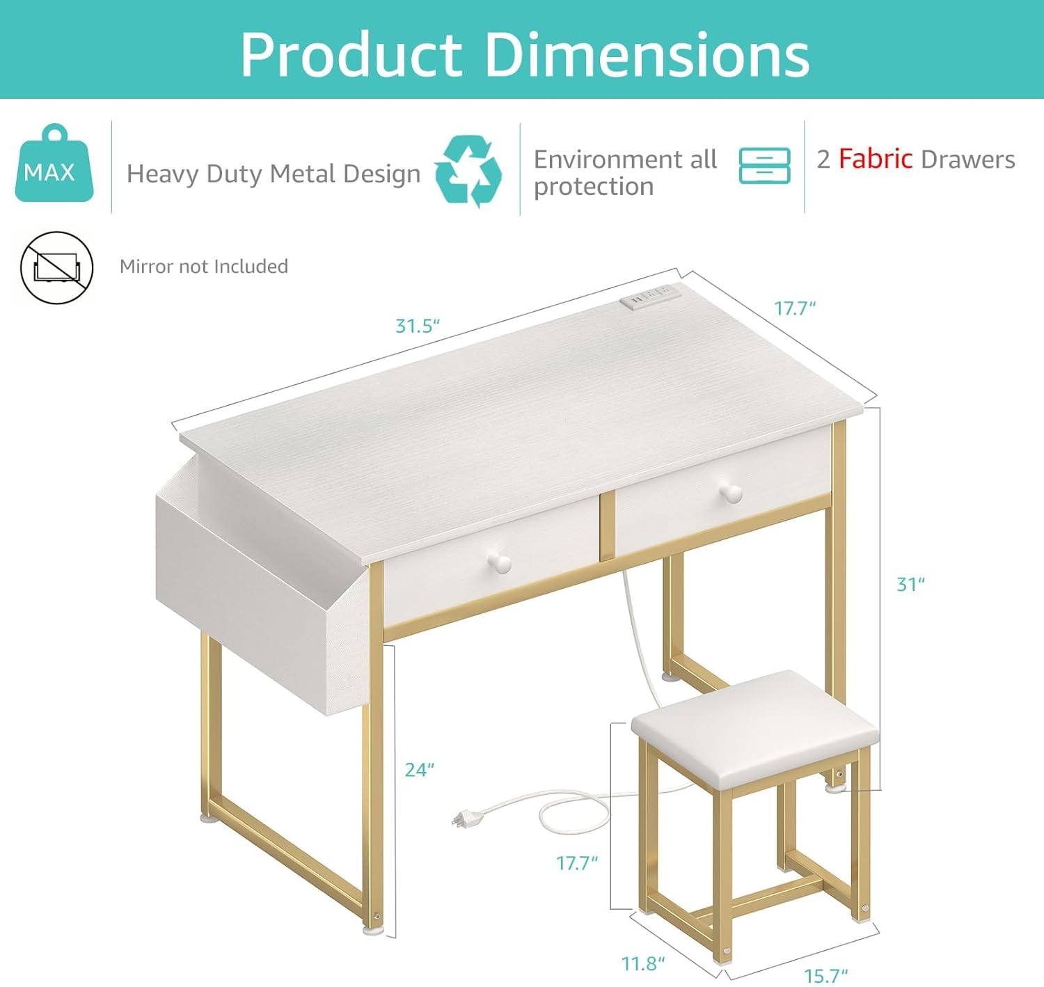 KAI-ROAD White and Gold Makeup Vanity Desk with Chair no Mirror, Small Vanity Table with Drawers, Power Outlet & Stool Without Mirror, Modern Make Up Desk Set for Bedroom