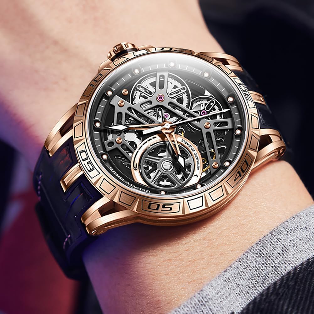 OUPINKE Skeleton Mens Watches Automatic Mechanical Luxury Watch Sapphire Crystal Leather Band Waterproof Luminous Wristwatch