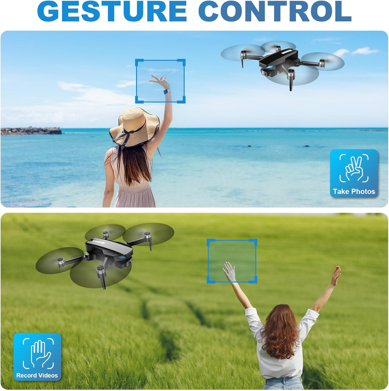 Dron con cámara, 2K FPV Drone con motor sin escobillas, retención de altitud, selfie gesto, despegue/aterrizaje con una tecla, giros 3D, vuelo de punto de referencia, 2 baterías, mini drones plegables