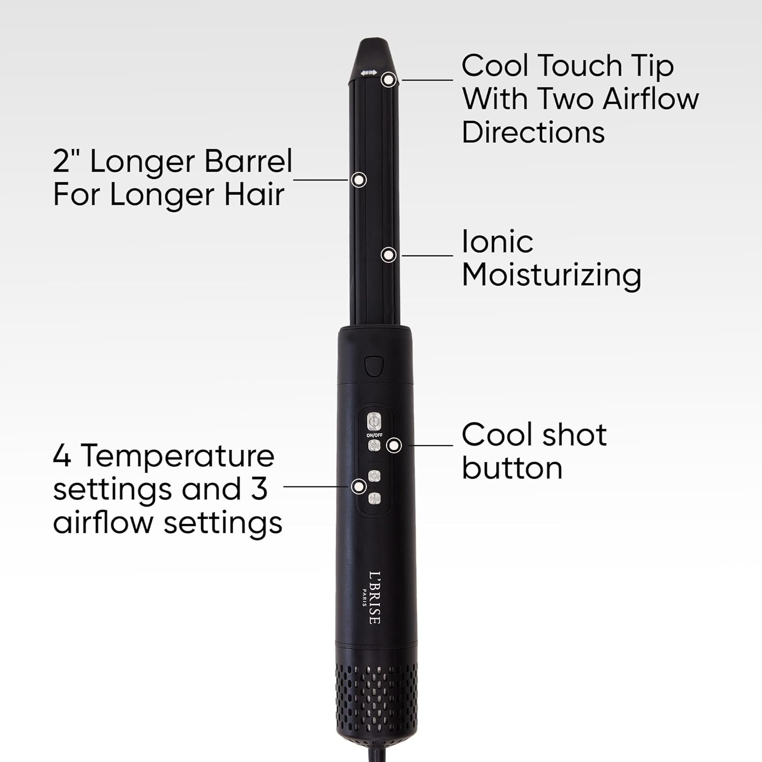 L’Brise Paris Air Wrap Hair Styler, 1.25 Inch, Hair Dryer, Curling Iron, & Hair Straightener in 1 Hair Styling Tool Without Heat Damage, Coanda Titanium Technology, 5 Attachments, Long Thick Barrel