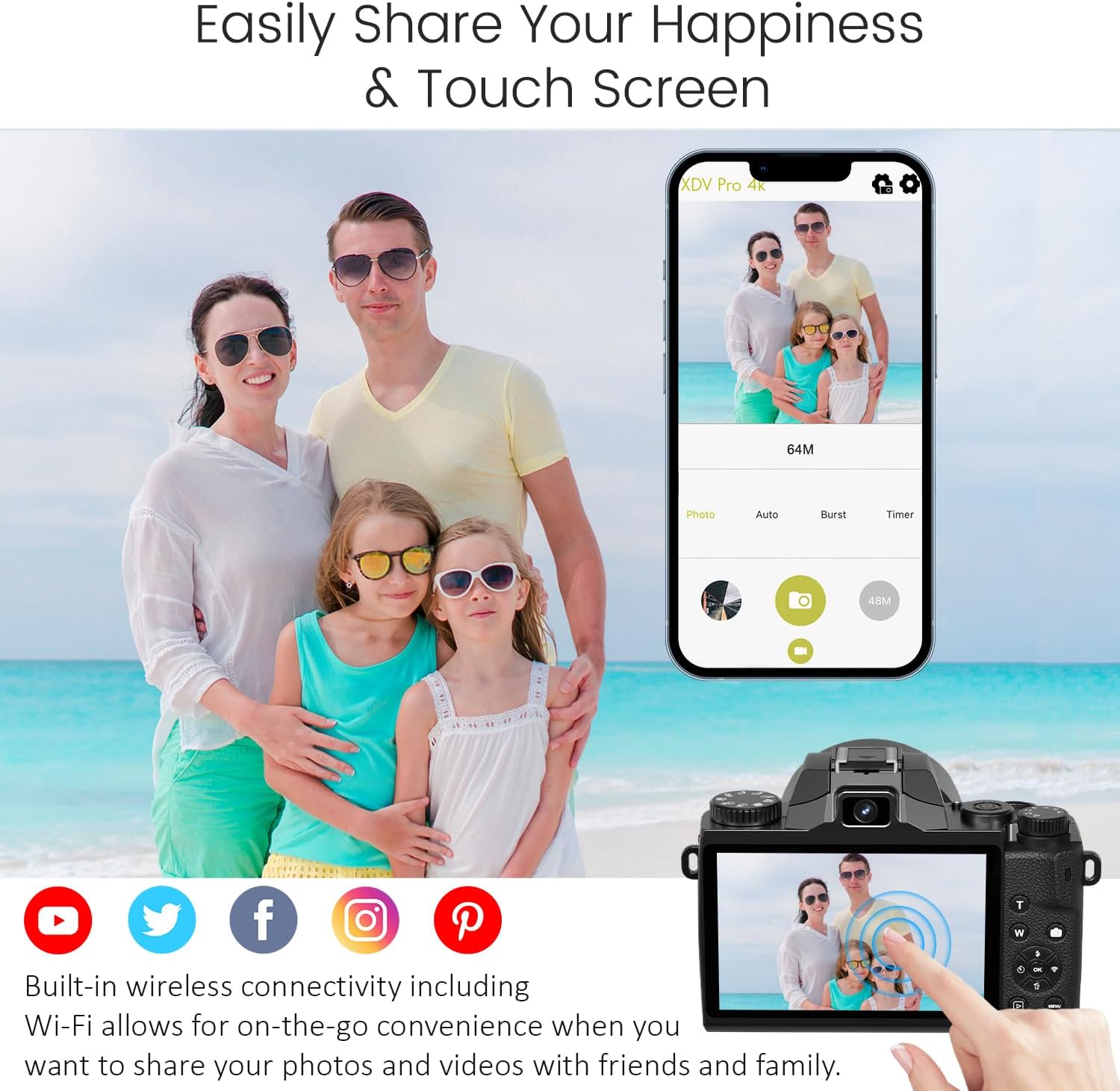 Saneen Digital Camera, 8k Cameras for Photography, 64MP WiFi Touch Screen Vlogging Camera with Flash, 32GB SD Card, Lens Hood,3000mAH Battery, Front and Rear Cameras,Hot Shoe Interface Beginner