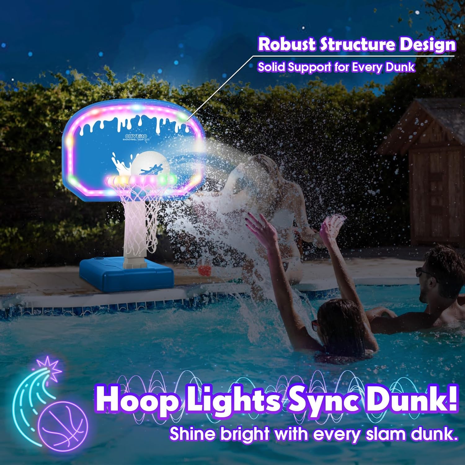 OHYEMO 2-in-1 LED Pool Volleyball & Basketball Game Set, Light Up Pool Sport Combo Set with 14in LED Rim/4 Glow Balls/2 Base/Pump, Inground Swimming Pool Toy Party Games for Adults & Family