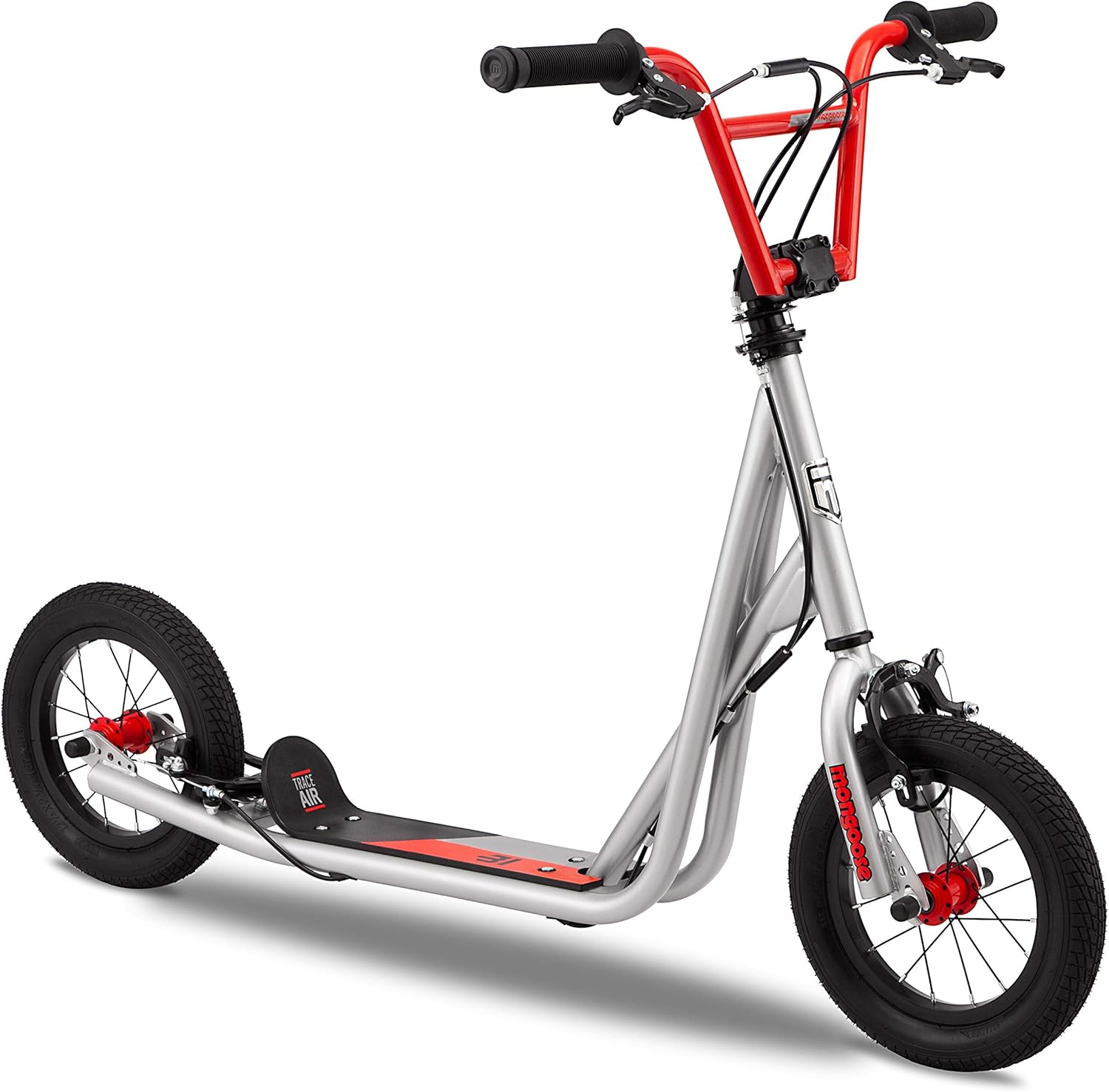Mongoose Trace Air Non-Electric Scooter for Youth Boys Girls Age 8+ Year Old, Max Weight of 220 lbs., 12-Inch Air Tires, Non-Folding Design, Adjustable Height Stem, BMX-Style Handlebar, Wide Foot Deck