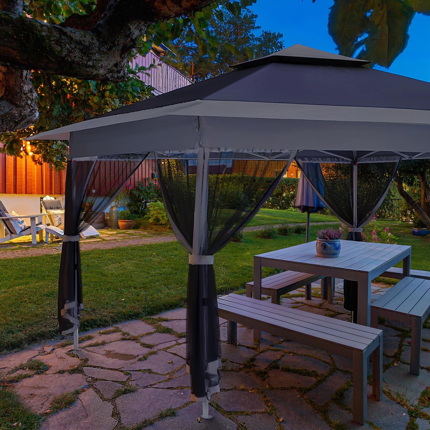 OUTFINE 12'x12' Gazebo Outdoor Pop up Canopy Tent with Curtains and Shelter for Patio, Party & Backyard (Khaki)