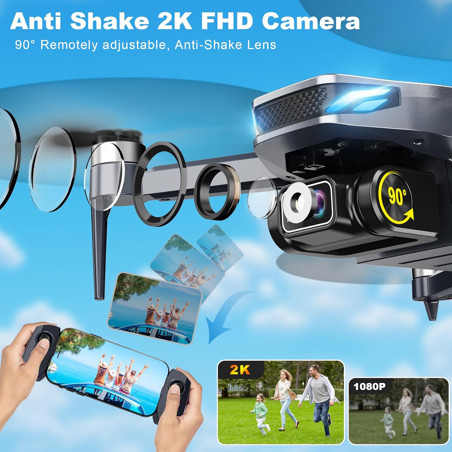 Dron con cámara, 2K FPV Drone con motor sin escobillas, retención de altitud, selfie gesto, despegue/aterrizaje con una tecla, giros 3D, vuelo de punto de referencia, 2 baterías, mini drones plegables