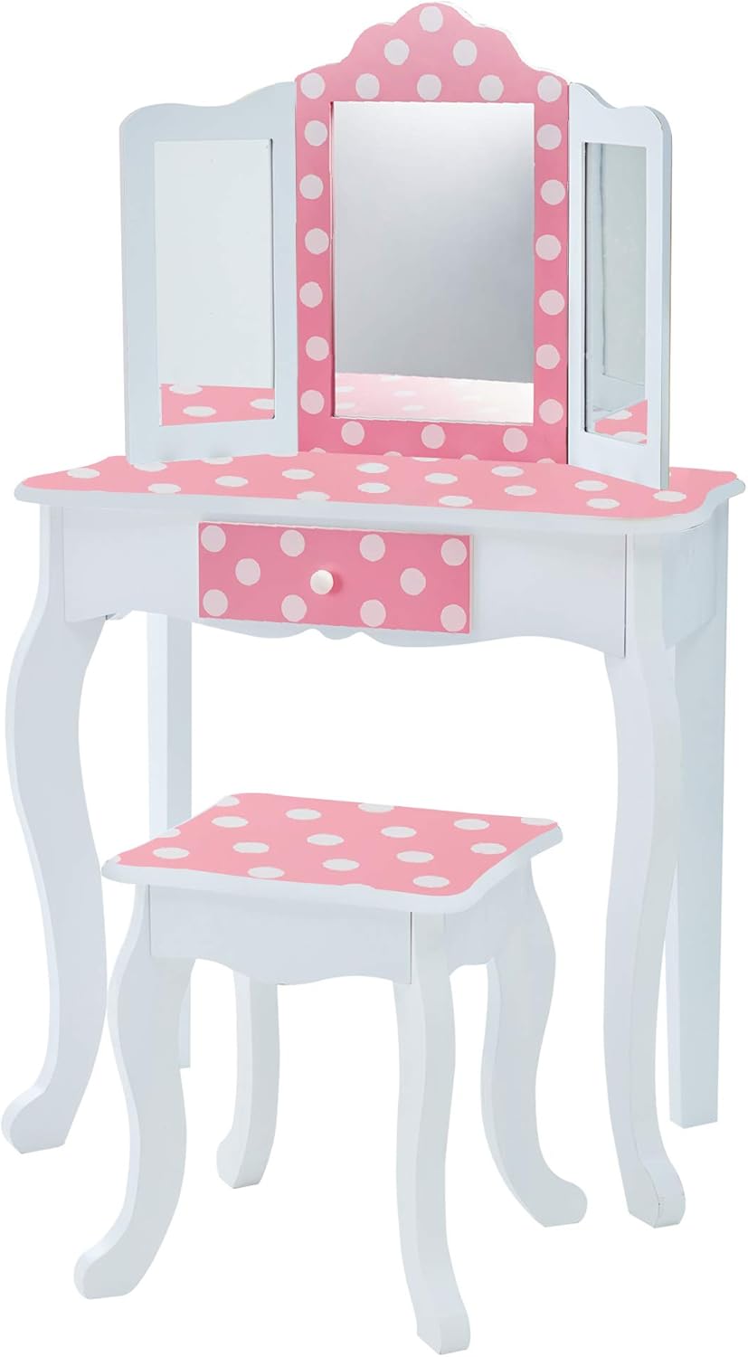 Teamson Kids Pretend Play Kids Vanity, Table & Chair Vanity Set with Mirror, Girls Makeup Dressing Table with Storage Drawer & Polka Dot Print, Gisele Collection, Pink/Gold