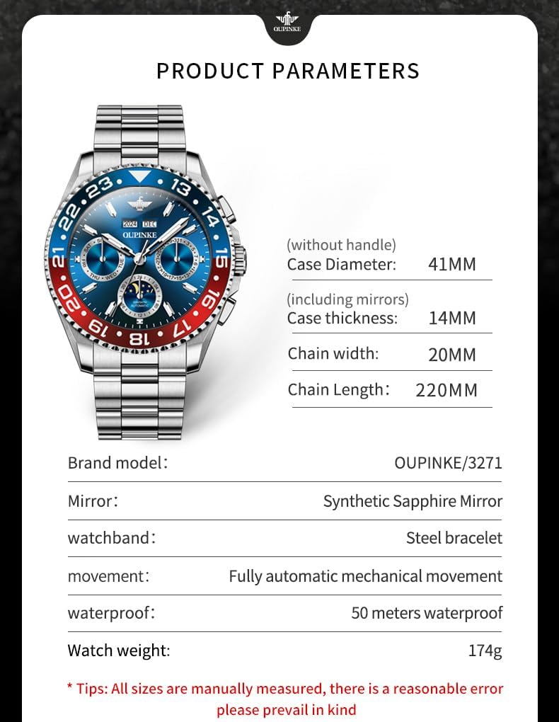 OUPINKE Men's Automatic Watch Self Winding Mechanical Luxury Wrist Watch Sapphire Crystal Tungsten Steel