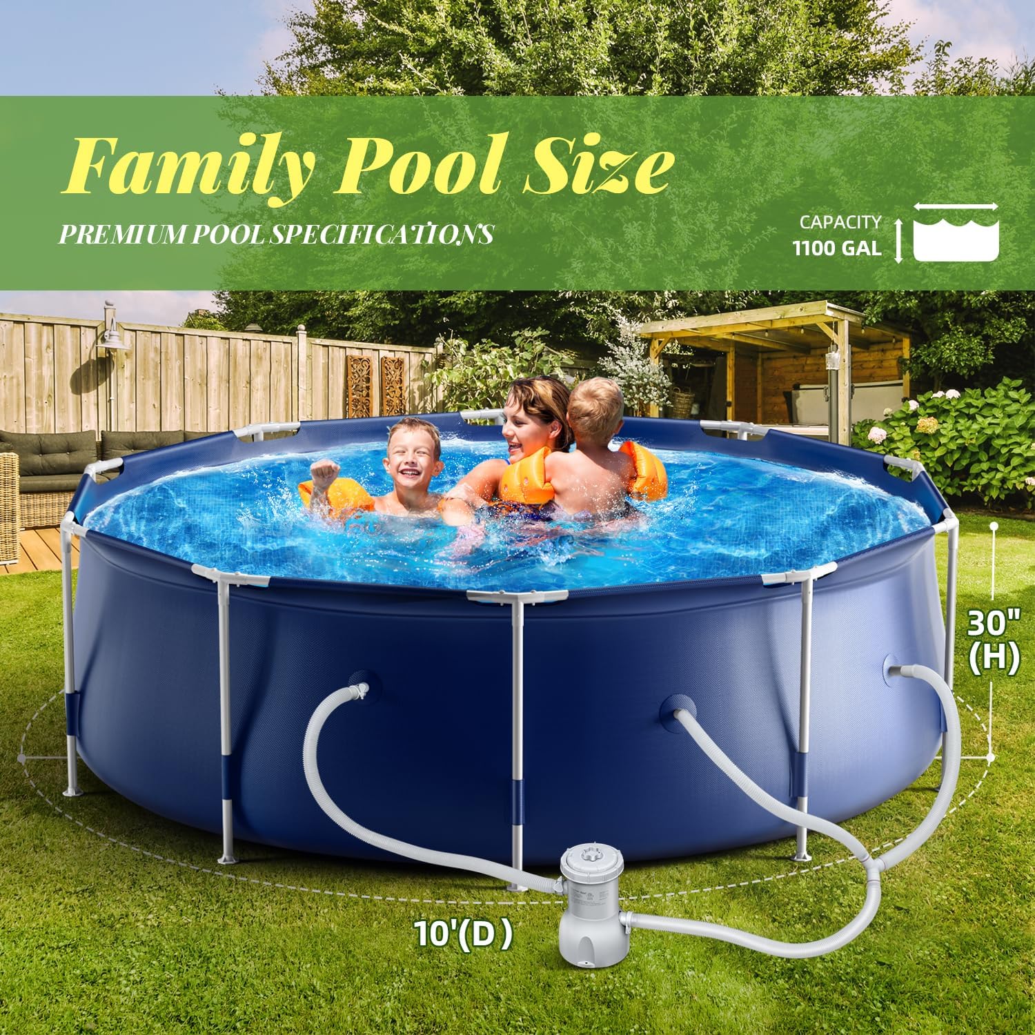 Cool Round Framed Swimming Pool 10' X 30 Round Pool Above Ground Sturdy Steel Frame Above Ground Pool Set with 530 GPH Filter Pump and Secure Pool Cover for Backyard