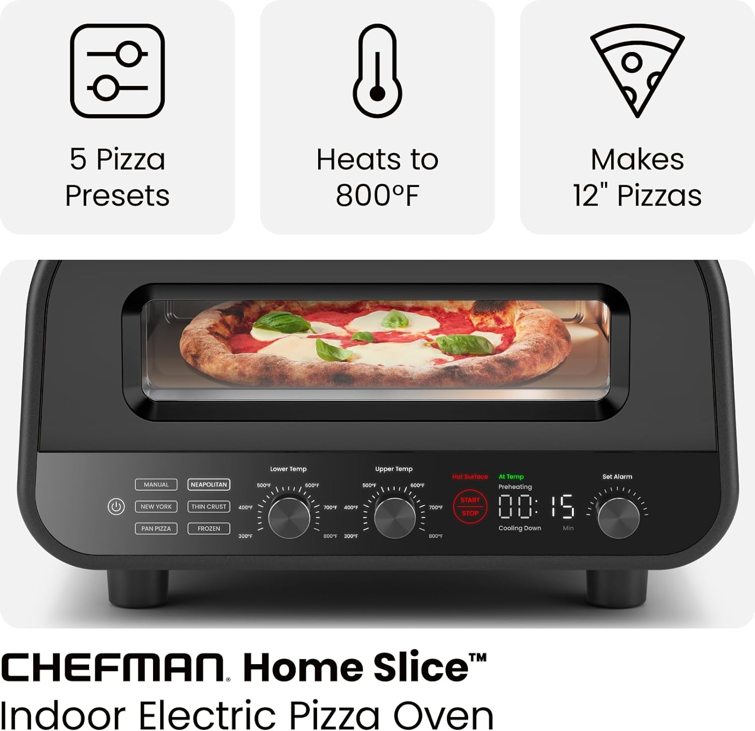 CHEFMAN Indoor Pizza Oven - Makes 12 Inch Pizzas in Minutes, Heats up to 800°F - Countertop Electric Pizza Maker with 5 Touchscreen Presets, Pizza Stone and Peel Included - Stainless Steel