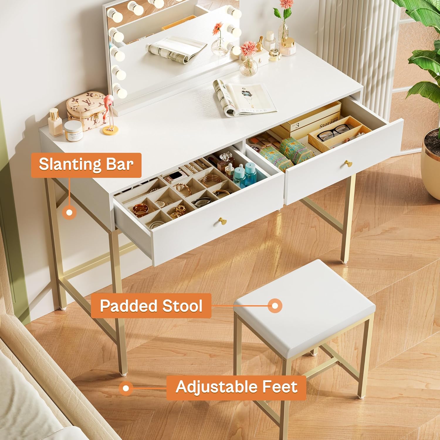 SUPERJARE 35.4 White and Gold Desk with 2 Drawers, Modern Makeup Vanity Desk with Padded Stool, Small Computer Desk Home Office Desk for Writing Study Bedroom