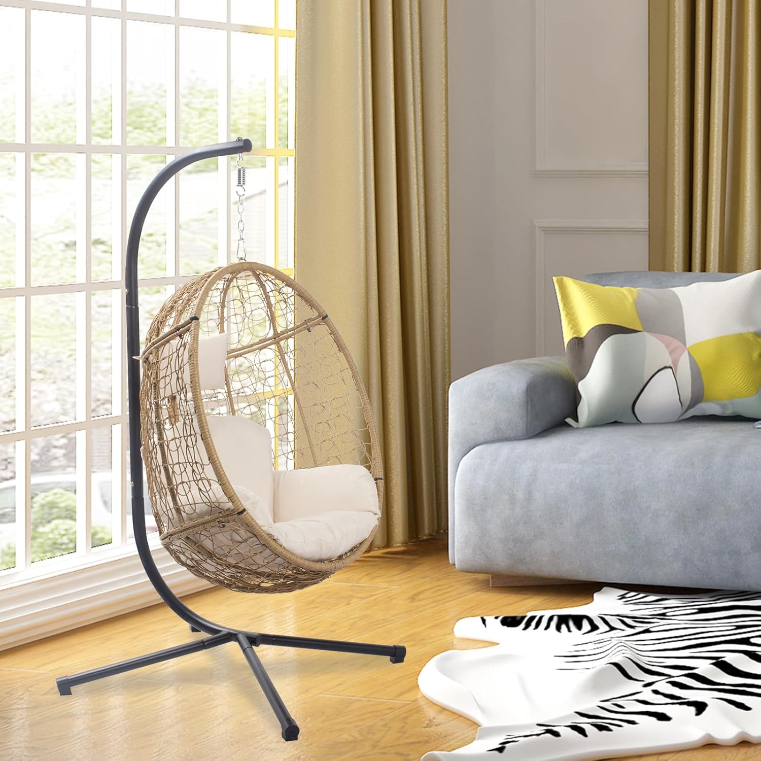 VARVIND Wicker Patio Hammock Swing Chair with Stand & Leg Rest for Indoor Outdoor, Hanging Egg Chair with UV Resistant Detachable Seat Cushion for Balcony, Bedroom, Garden,350Lbs Capacity(Beige)