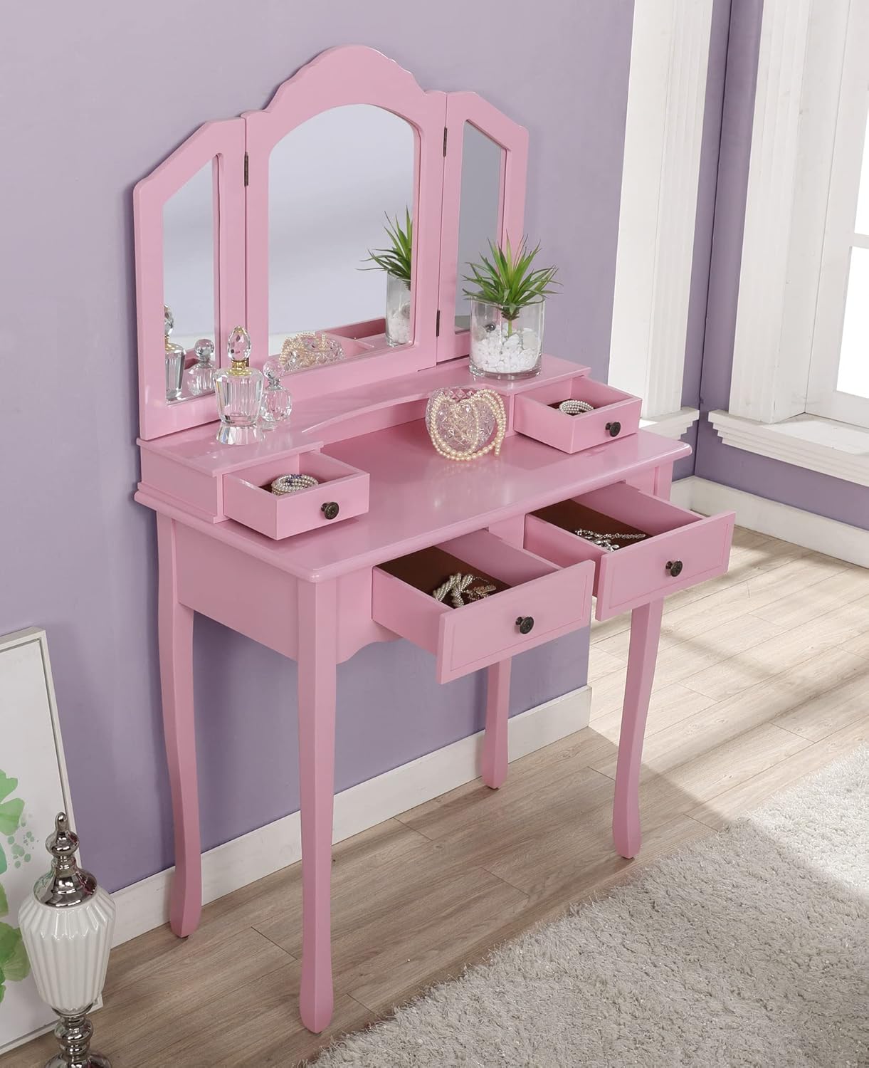 Roundhill Furniture Sanlo Wooden Vanity | Make Up Table and Stool Set | White