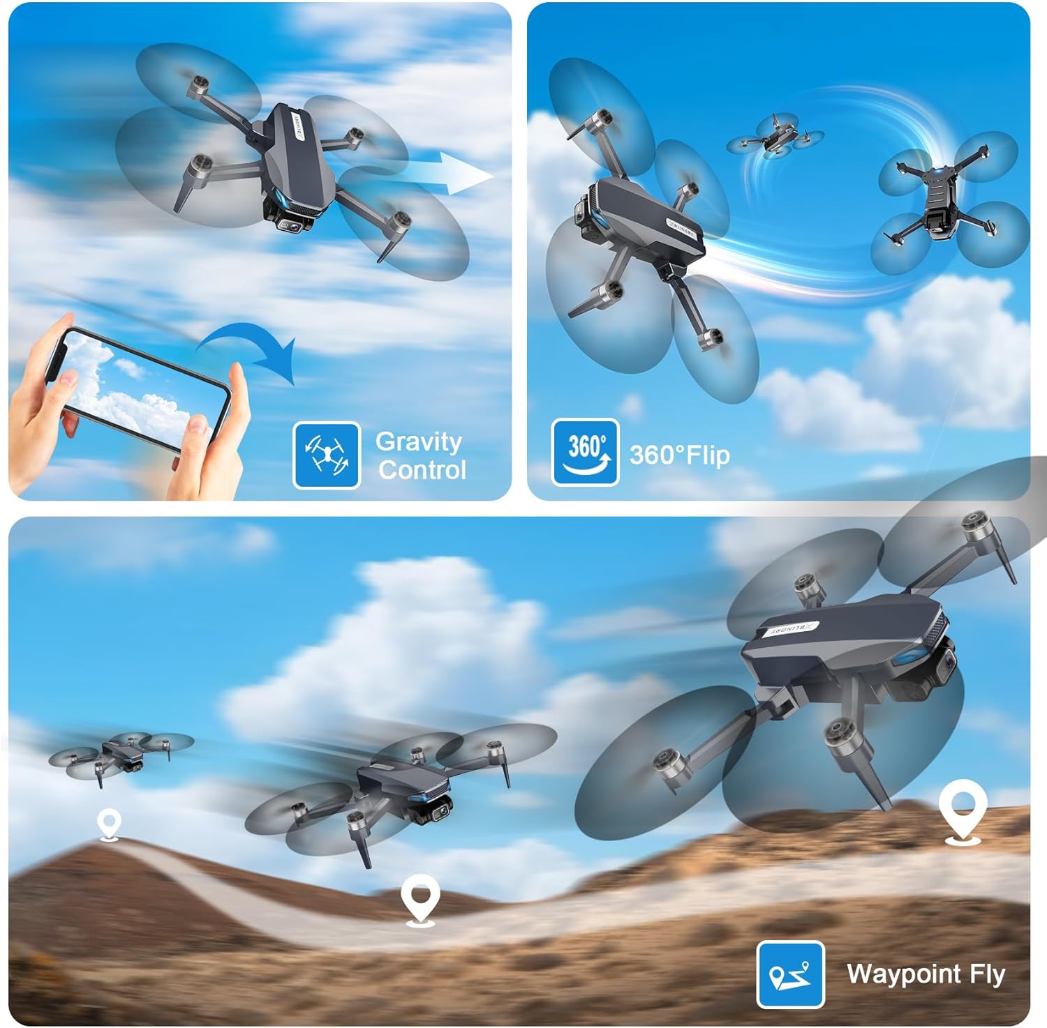 Dron con cámara, 2K FPV Drone con motor sin escobillas, retención de altitud, selfie gesto, despegue/aterrizaje con una tecla, giros 3D, vuelo de punto de referencia, 2 baterías, mini drones plegables