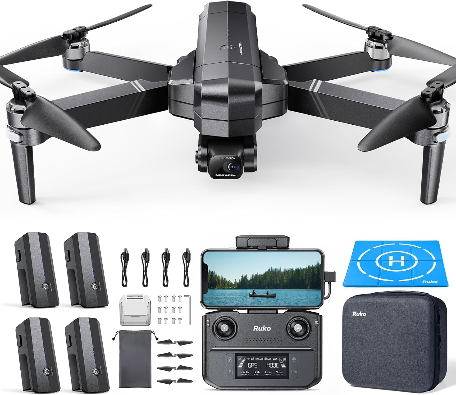 Ruko U11PRO - Primer dron con cámara para adultos, 4K UHD, compatible con identificación remota FAA, tiempo de vuelo de 52 minutos, 2 baterías, retorno automático GPS, modo interior-exterior,