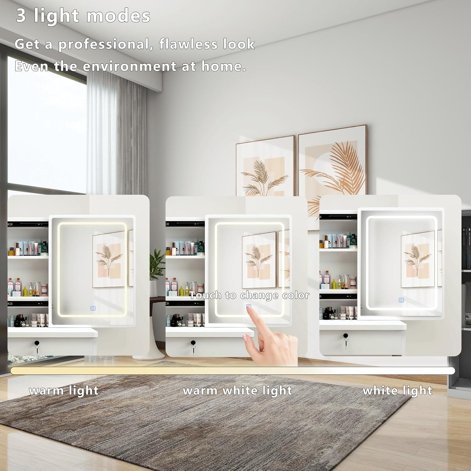 MONGMON Vanity Desk with Mirror and Lights, 3 Lighting Modes, European Style Dressing Table with Drawers, with Open Storage Shelves,Makeup Vanity Table for Bedroom,Gifts for Girls and Women, White