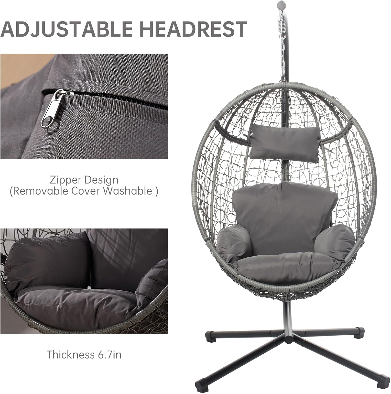 VARVIND Wicker Patio Hammock Swing Chair with Stand & Leg Rest for Indoor Outdoor, Hanging Egg Chair with UV Resistant Detachable Seat Cushion for Balcony, Bedroom, Garden,350Lbs Capacity(Beige)