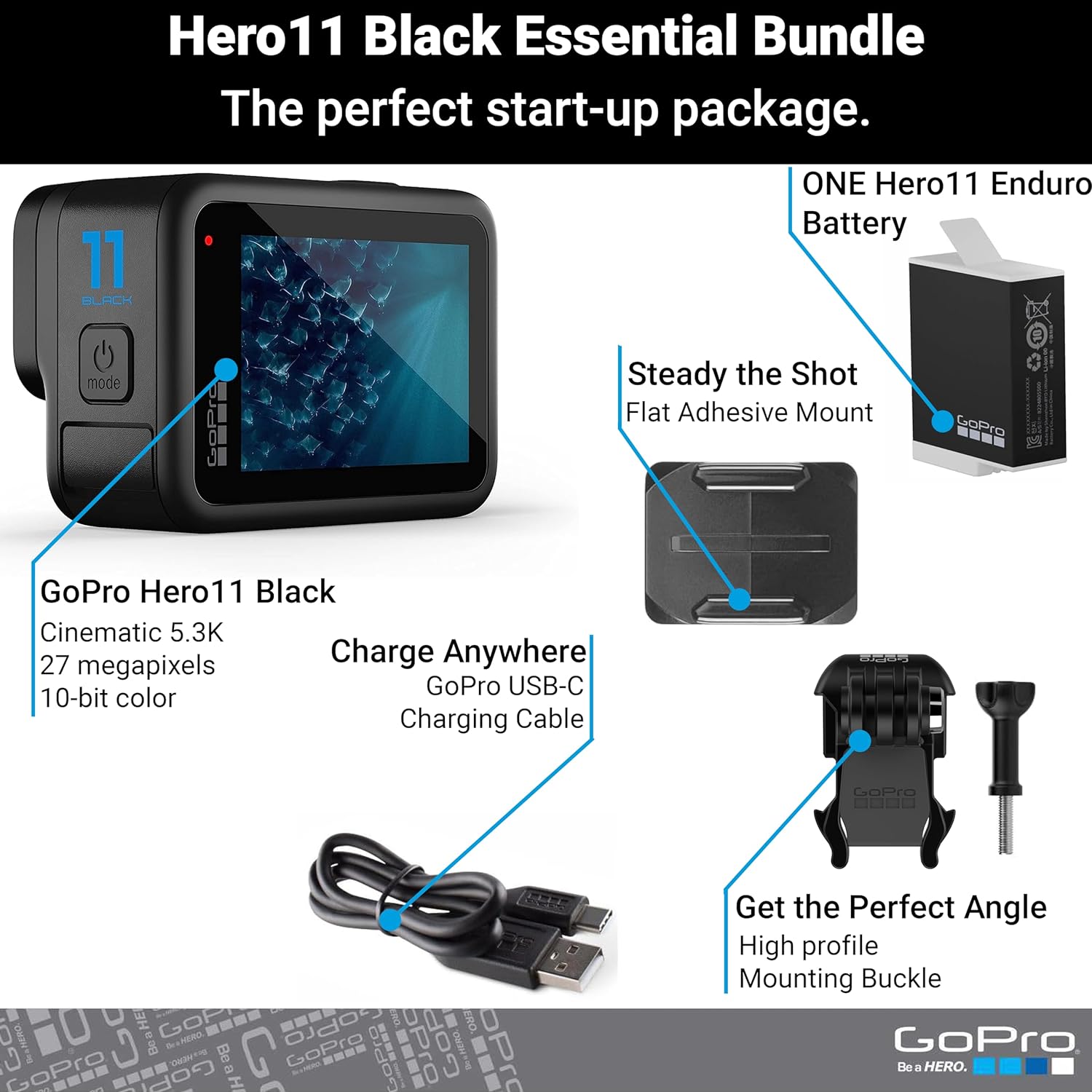 GoPro HERO11 Black – E-Commerce Packaging - Waterproof Action Camera with 5.3K60 Ultra HD Video, 27MP Photos, 1/1.9 Image Sensor, Live Streaming, Webcam, Stabilization