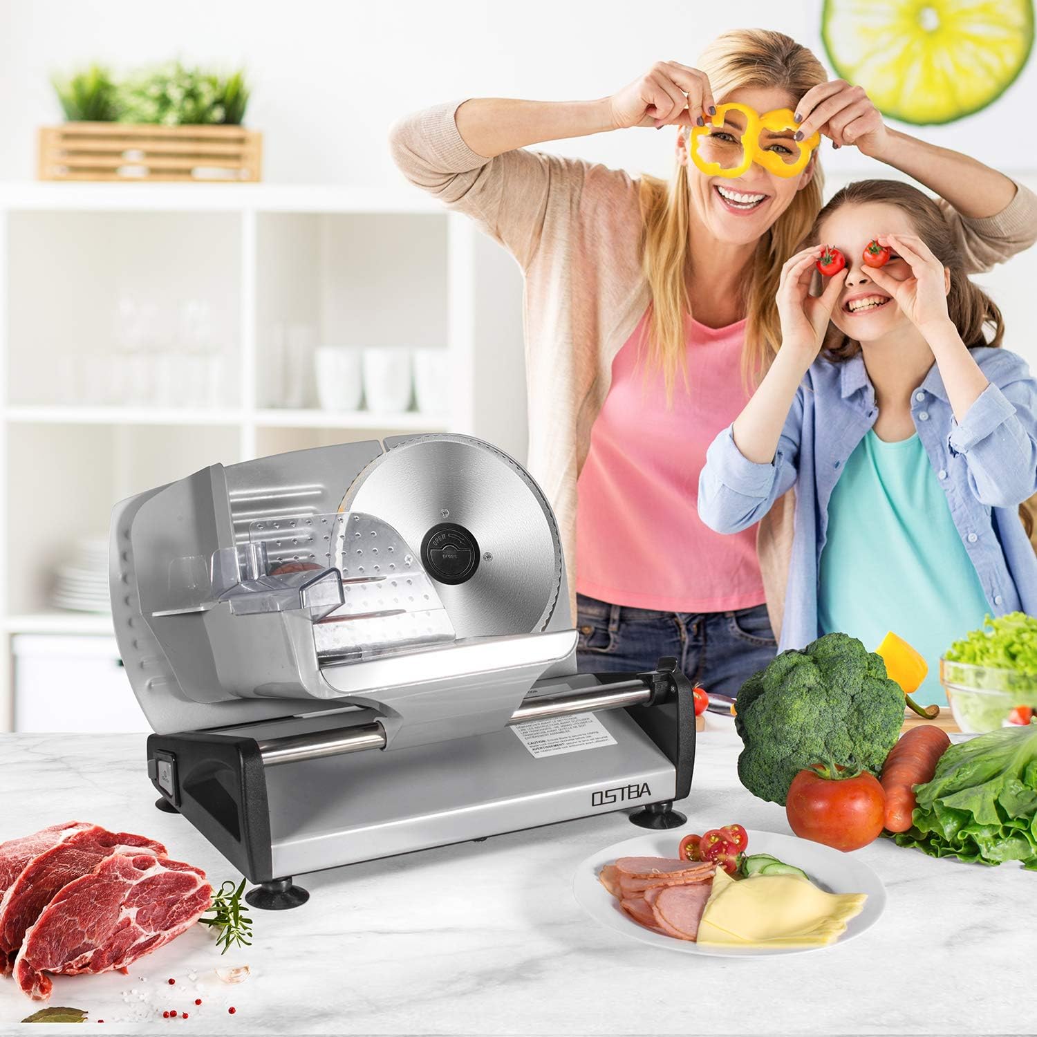 Meat Slicer 200W Electric Deli Food Slicer with 2 Removable 7.5 Stainless Steel Blade, Adjustable Thickness for Home Use, Child Lock Protection, Easy to Clean, Cuts Meat, Bread and Cheese