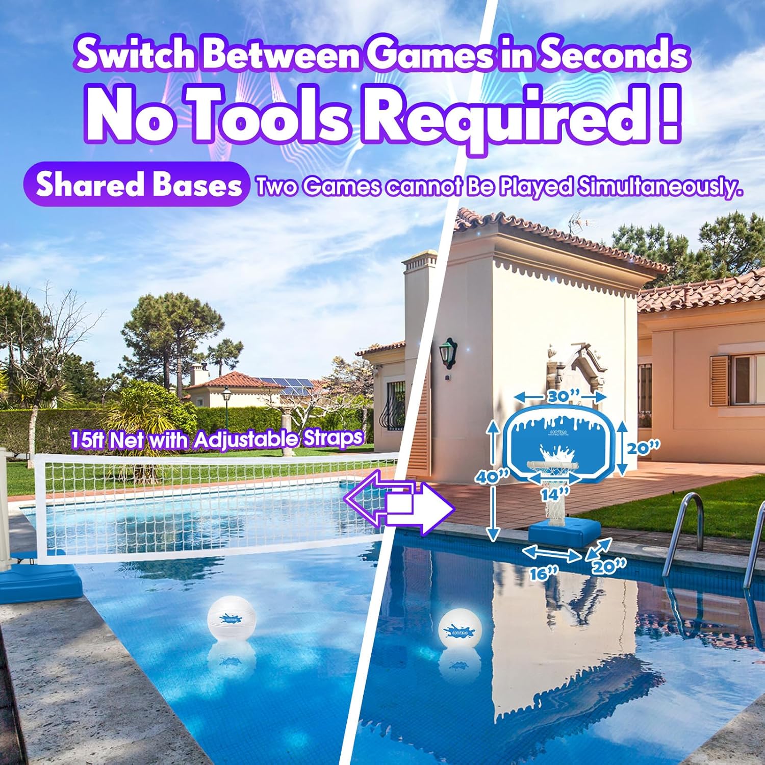 OHYEMO 2-in-1 LED Pool Volleyball & Basketball Game Set, Light Up Pool Sport Combo Set with 14in LED Rim/4 Glow Balls/2 Base/Pump, Inground Swimming Pool Toy Party Games for Adults & Family