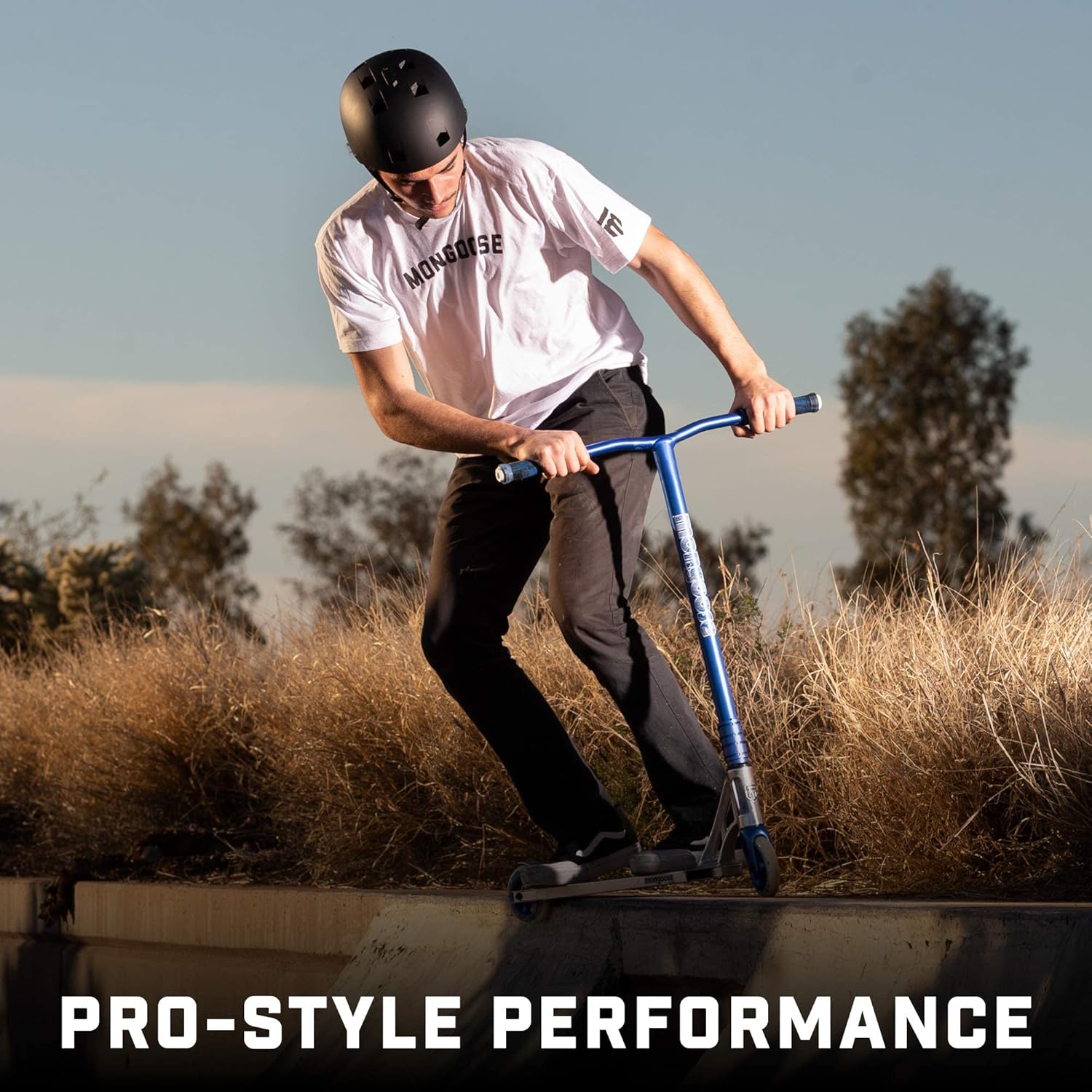 Mongoose Rise Freestyle Stunt Trick Scooter, For Kids Youth Adult Men Women Ages 8 Up, Lightweight Alloy Deck & Heavy-Duty Frame Up to 220 lbs., Bike-Style Grip, T-Bar Handlebar and High Impact Wheels