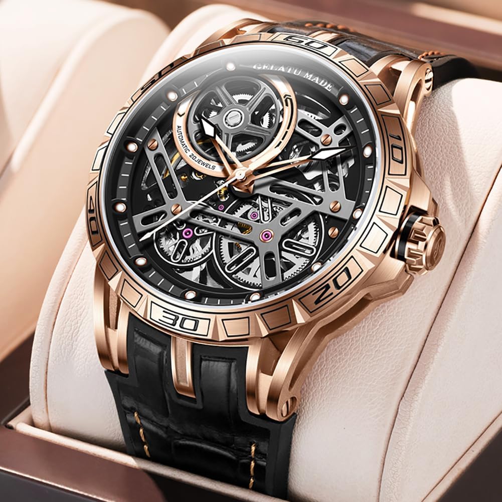 OUPINKE Skeleton Mens Watches Automatic Mechanical Luxury Watch Sapphire Crystal Leather Band Waterproof Luminous Wristwatch